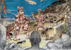 I viaggi del Coyote: Il folle e la morte, dipinto a pastello a olio di Daniel Duford, 2024