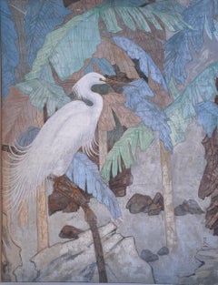 "Crane," Decorative Japanese School Painting of White Bird