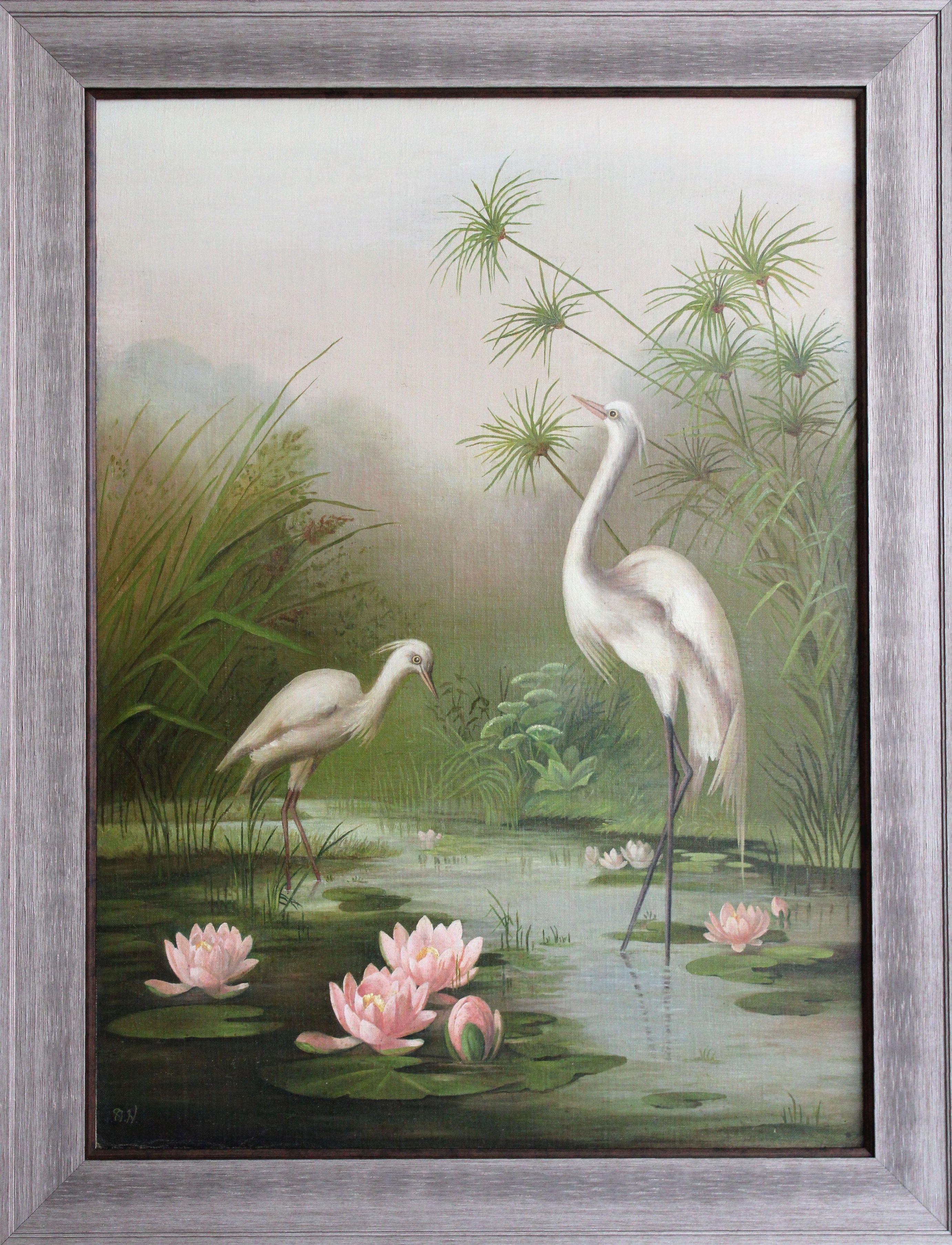 Cranes. Early 20th century, Art Nouveau, cardboard, canvas, oil, 84x61 cm - Painting by Unknown