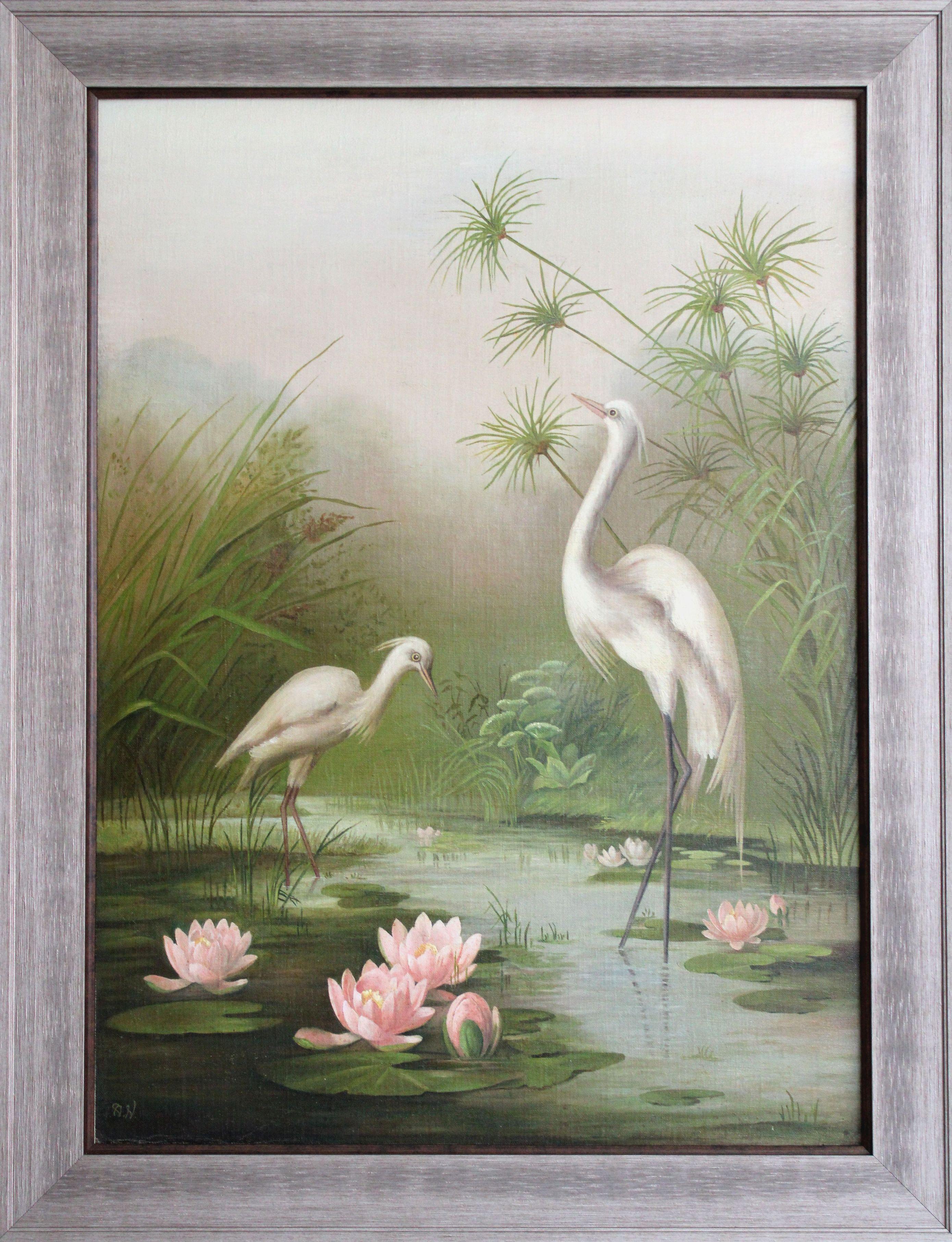 Cranes. Early 20th century, Art Nouveau, cardboard, canvas, oil, 84x61 cm - Realist Painting by Unknown