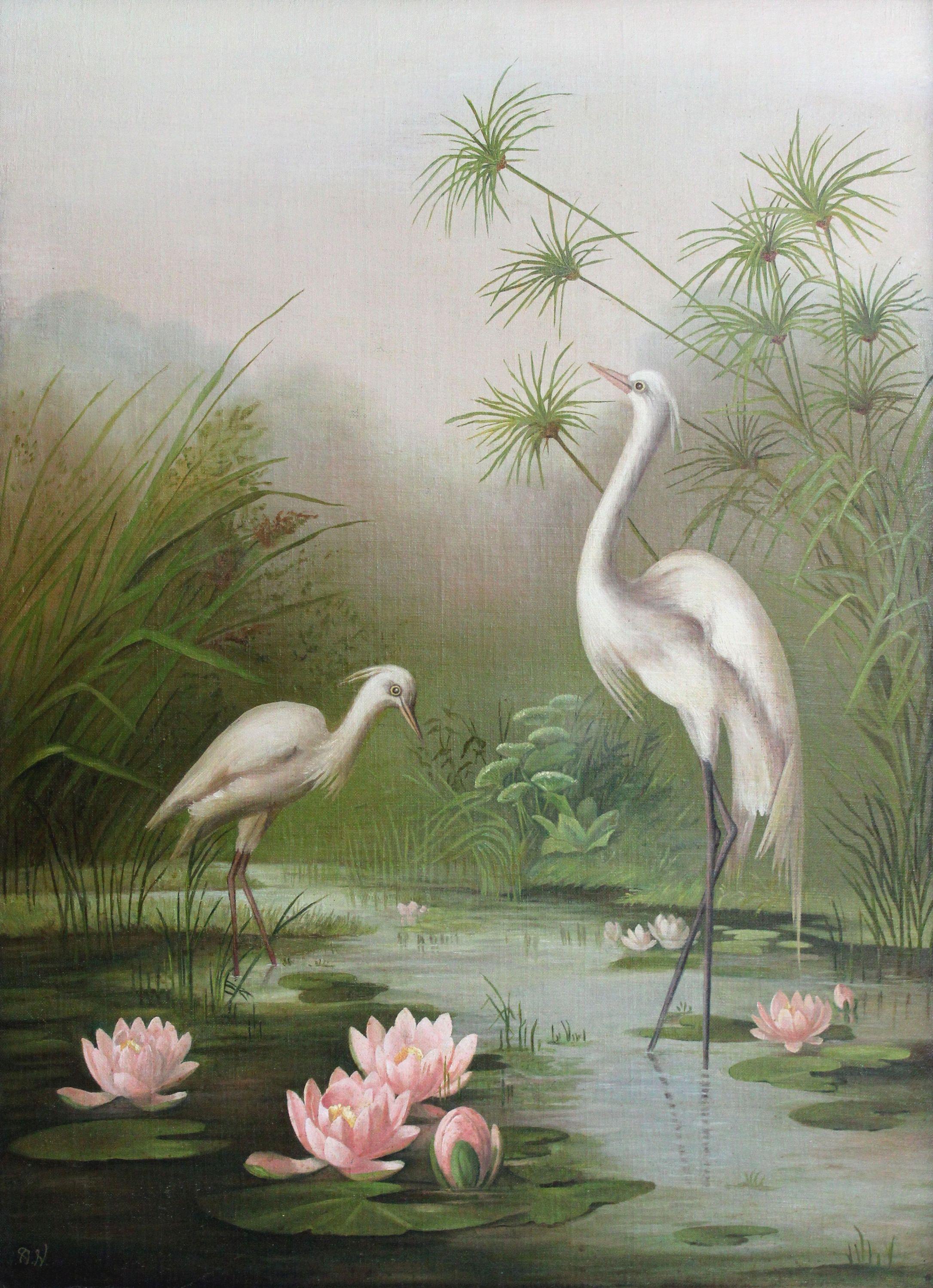 Landscape Painting Unknown - Cranes. Début du 20e siècle, Art nouveau, carton, toile, huile, 84 x61 cm