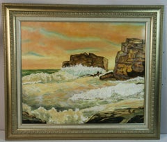 Crashing Waves Oil Painting, Framed Landscape, Large Scale, 1950s