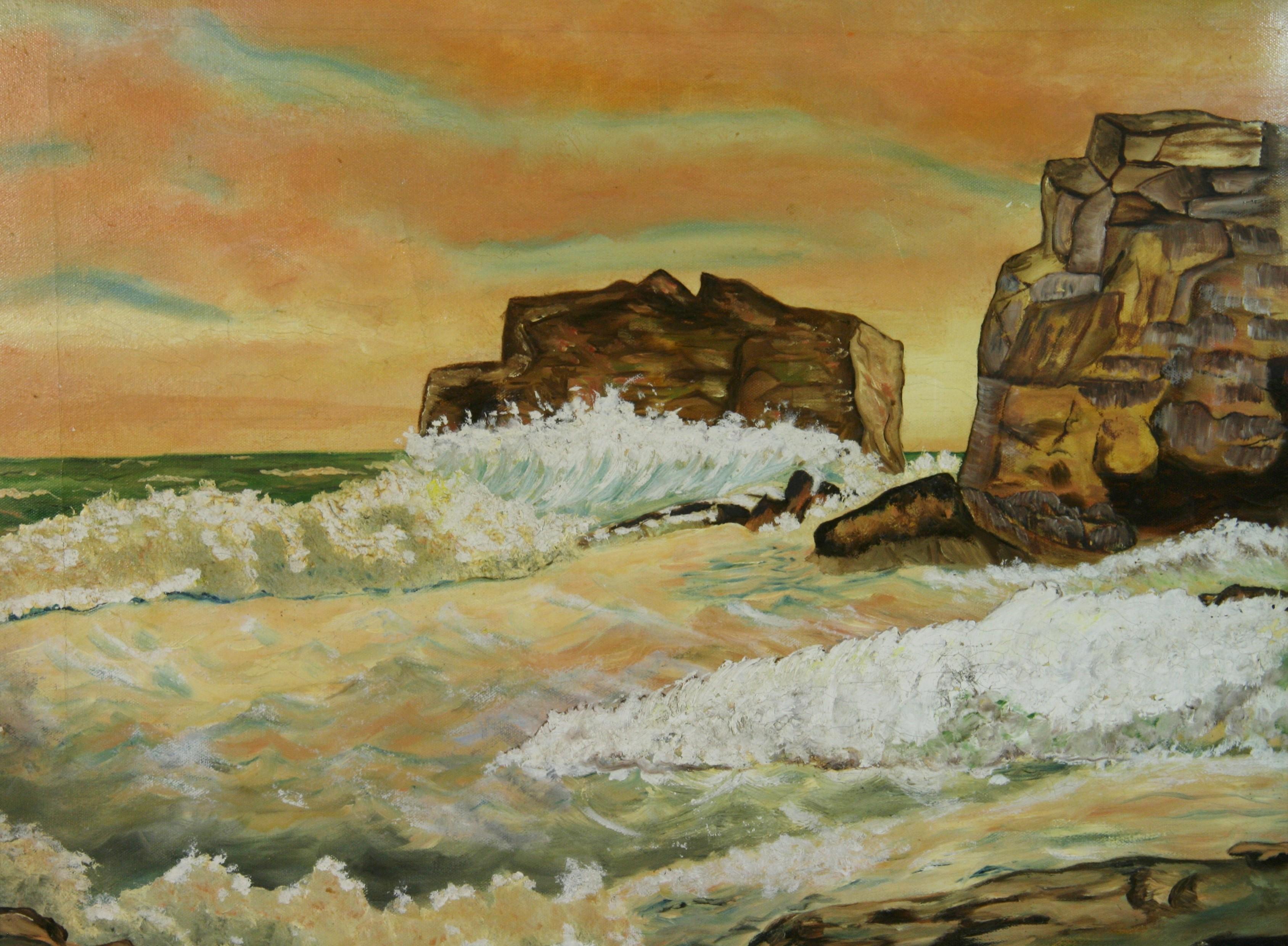 Crashing Waves - Brown Landscape Painting by Unknown