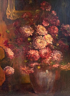 "Crisantemos rojos" Gran florero bodegón de principios del siglo XX Escuela francesa