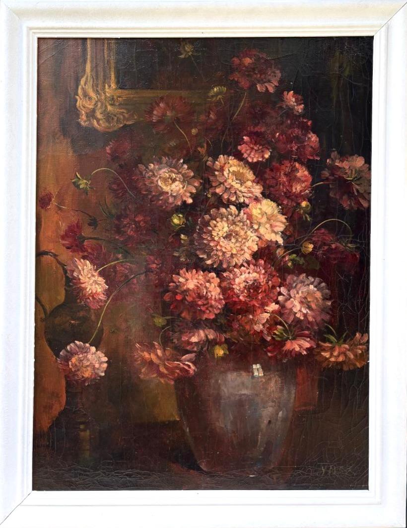 Still-Life Painting de Unknown - "Crisantemos rojos" Gran florero bodegón de principios del siglo XX Escuela francesa