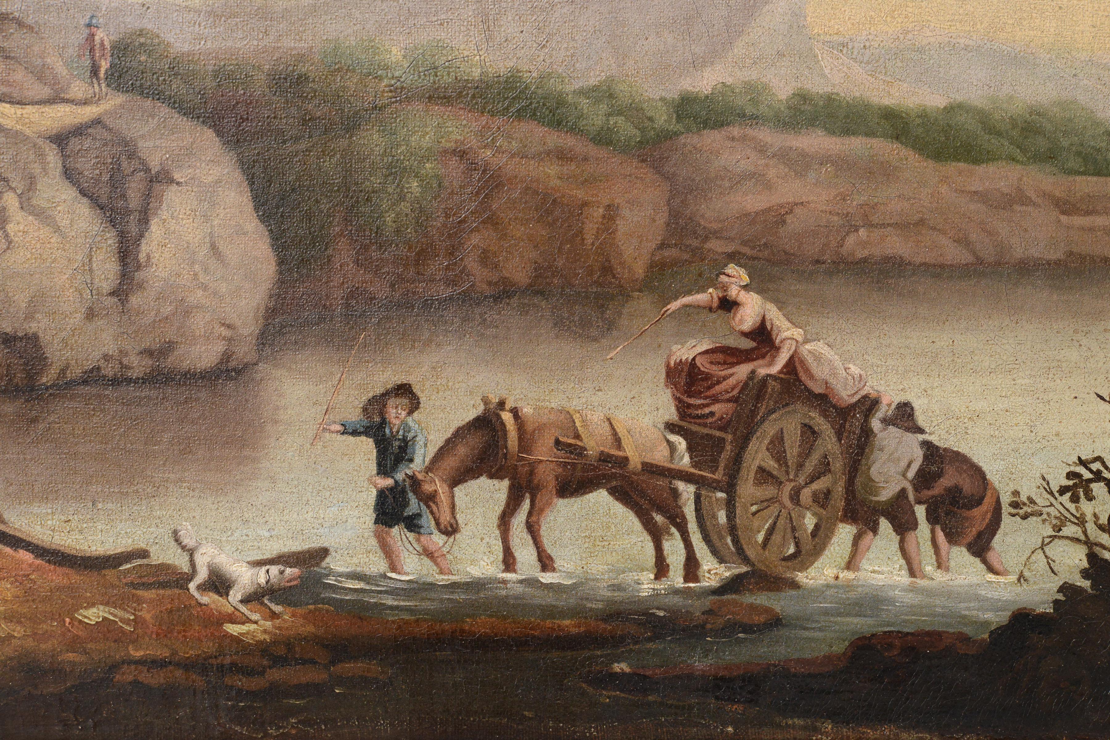 As we gaze upon at this artwork, our eyes are immediately drawn to the foreground where a comical spectacle unfolds before us. A carriage, stubbornly stuck in the midst of a ford, serves as the focal point of the scene unfolding. A woman, exuding