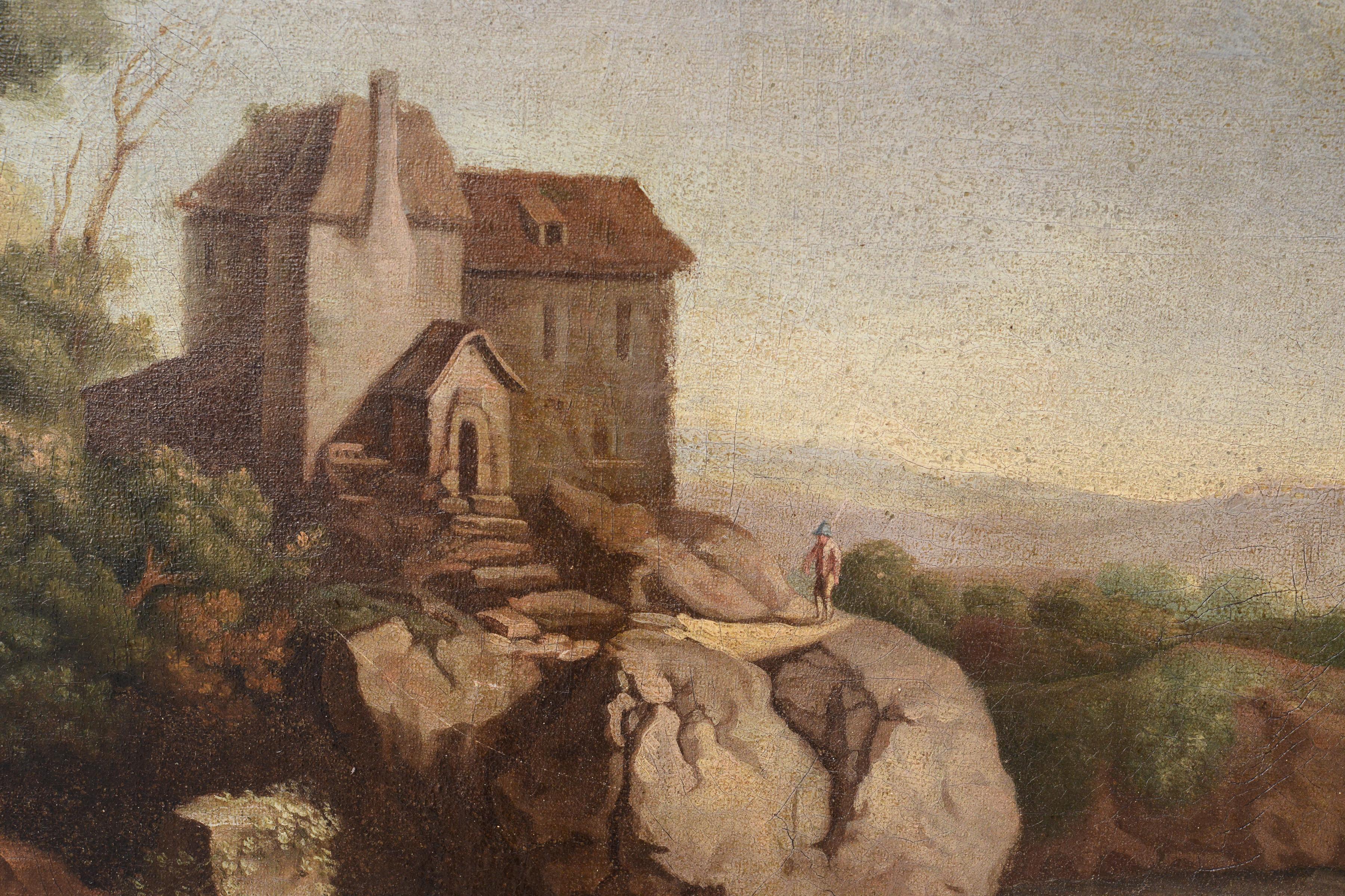 Le passage du gué Capriccio Paysage baroque XVIIIe siècle Huile sur toile  - Réalisme Painting par Unknown