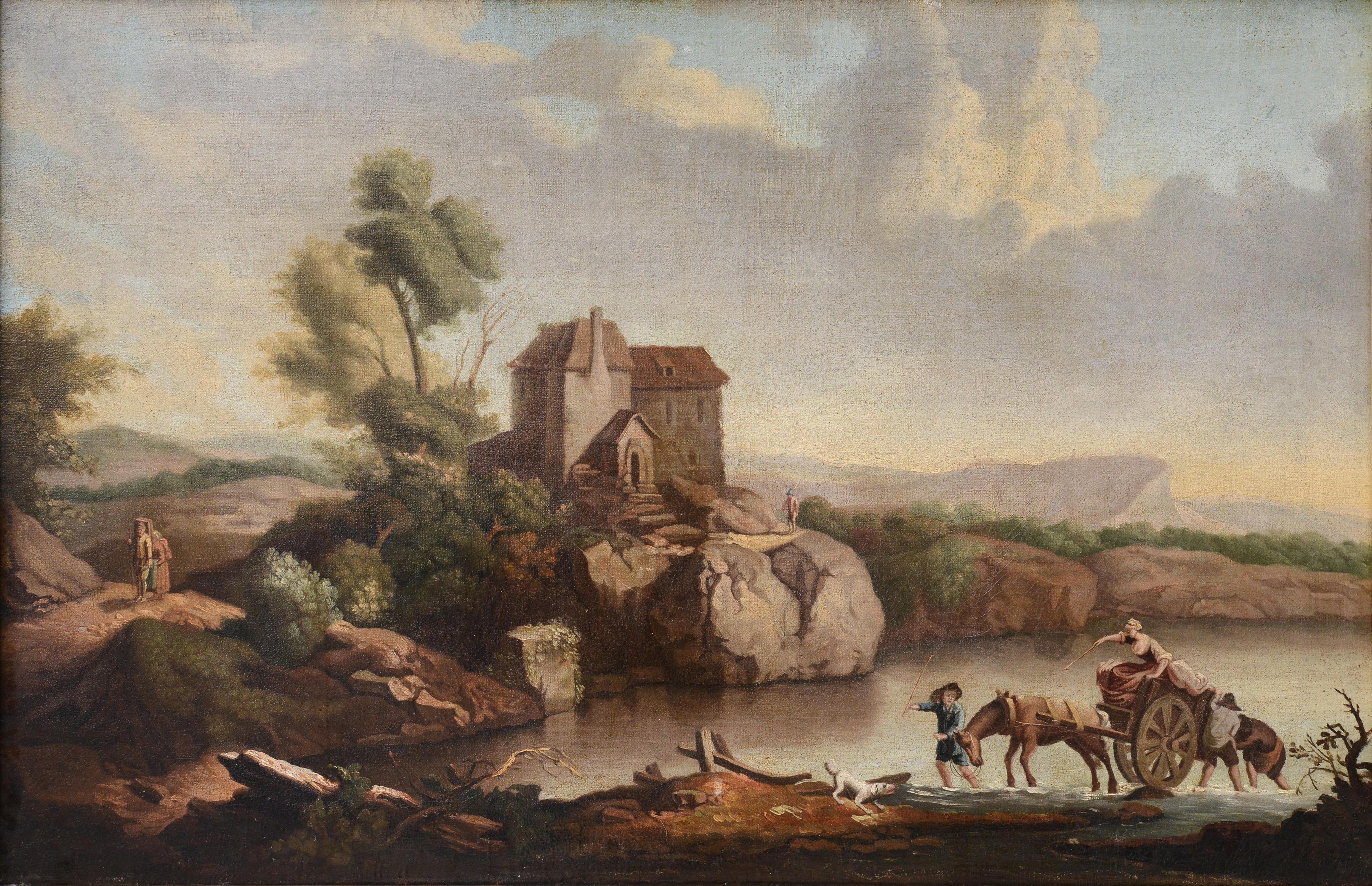 Figurative Painting Unknown - Le passage du gué Capriccio Paysage baroque XVIIIe siècle Huile sur toile 