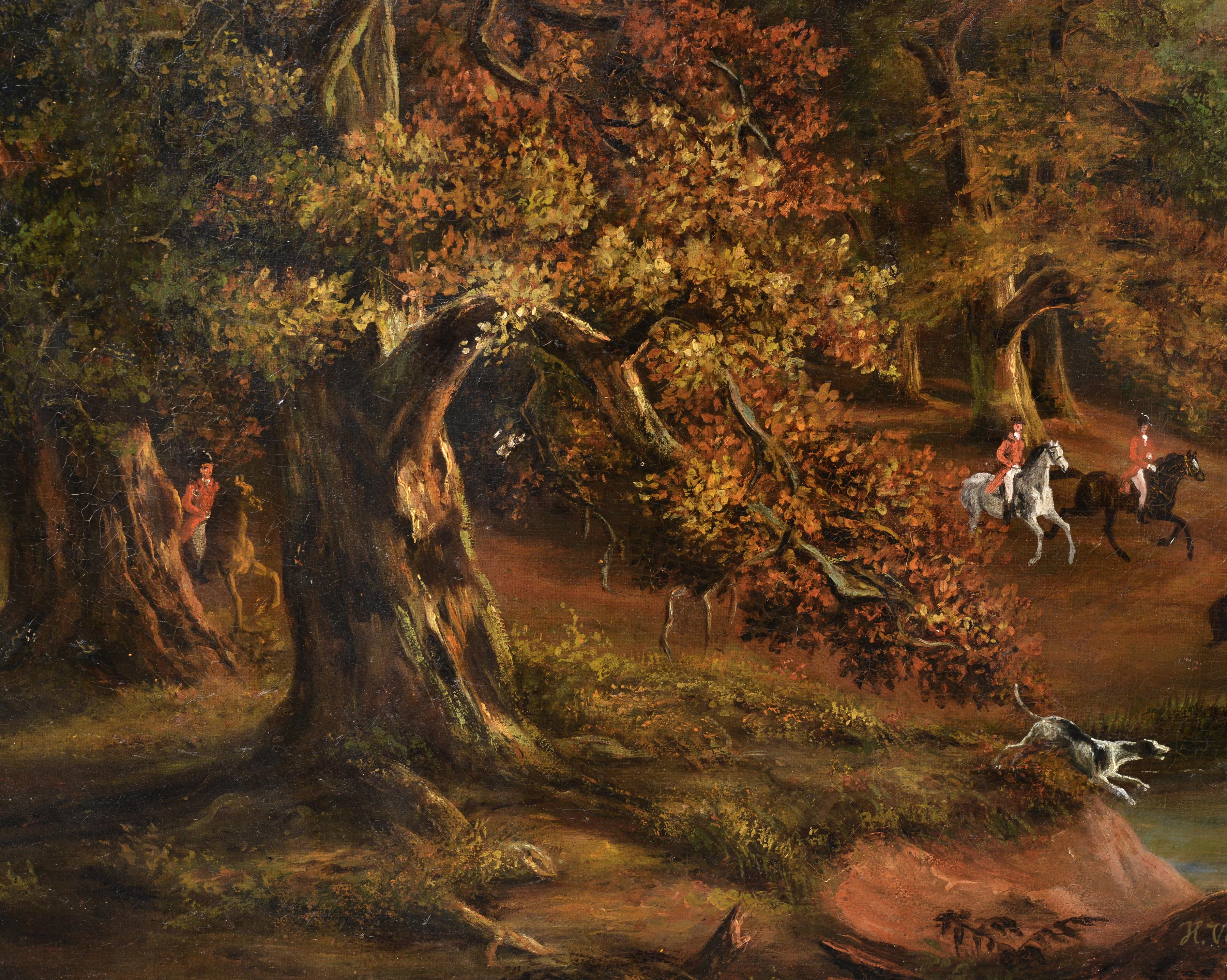 Crowded Hunting Scene in bewaldeter Landschaft, Ölgemälde, signiert, 19. Jahrhundert (Braun), Animal Painting, von Unknown