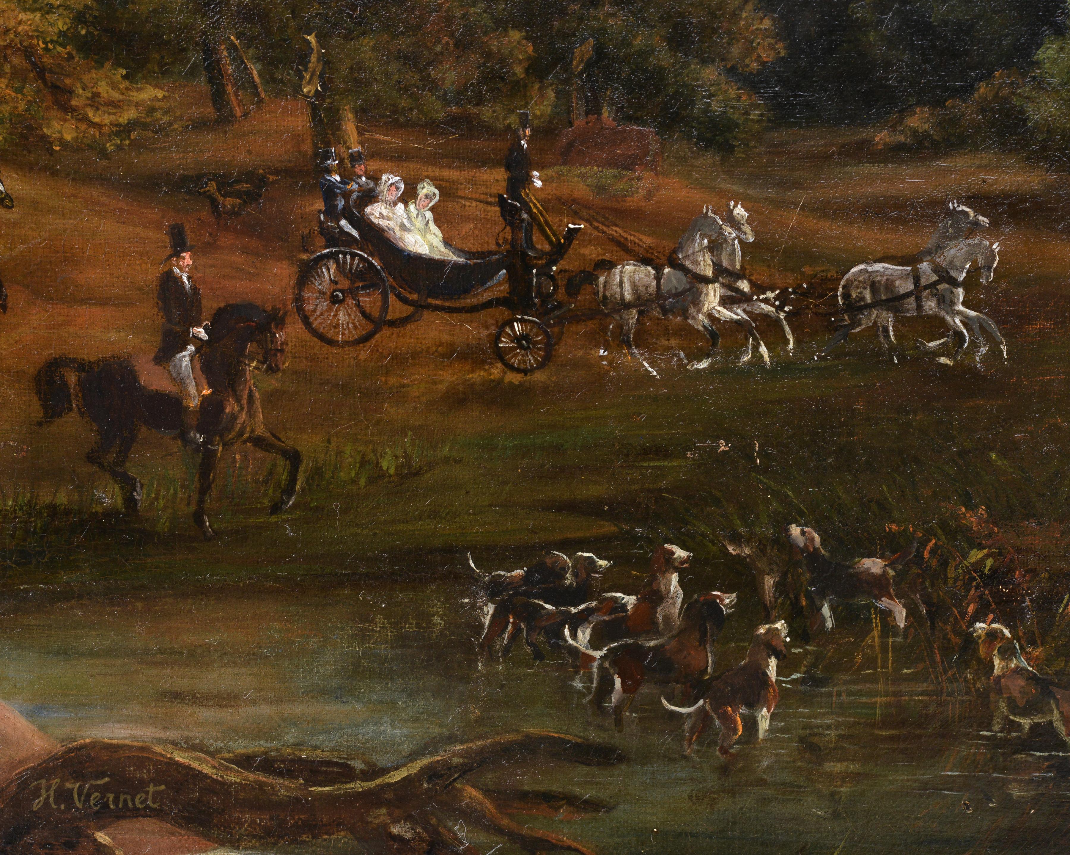Crowded Hunting Scene in bewaldeter Landschaft, Ölgemälde, signiert, 19. Jahrhundert – Painting von Unknown