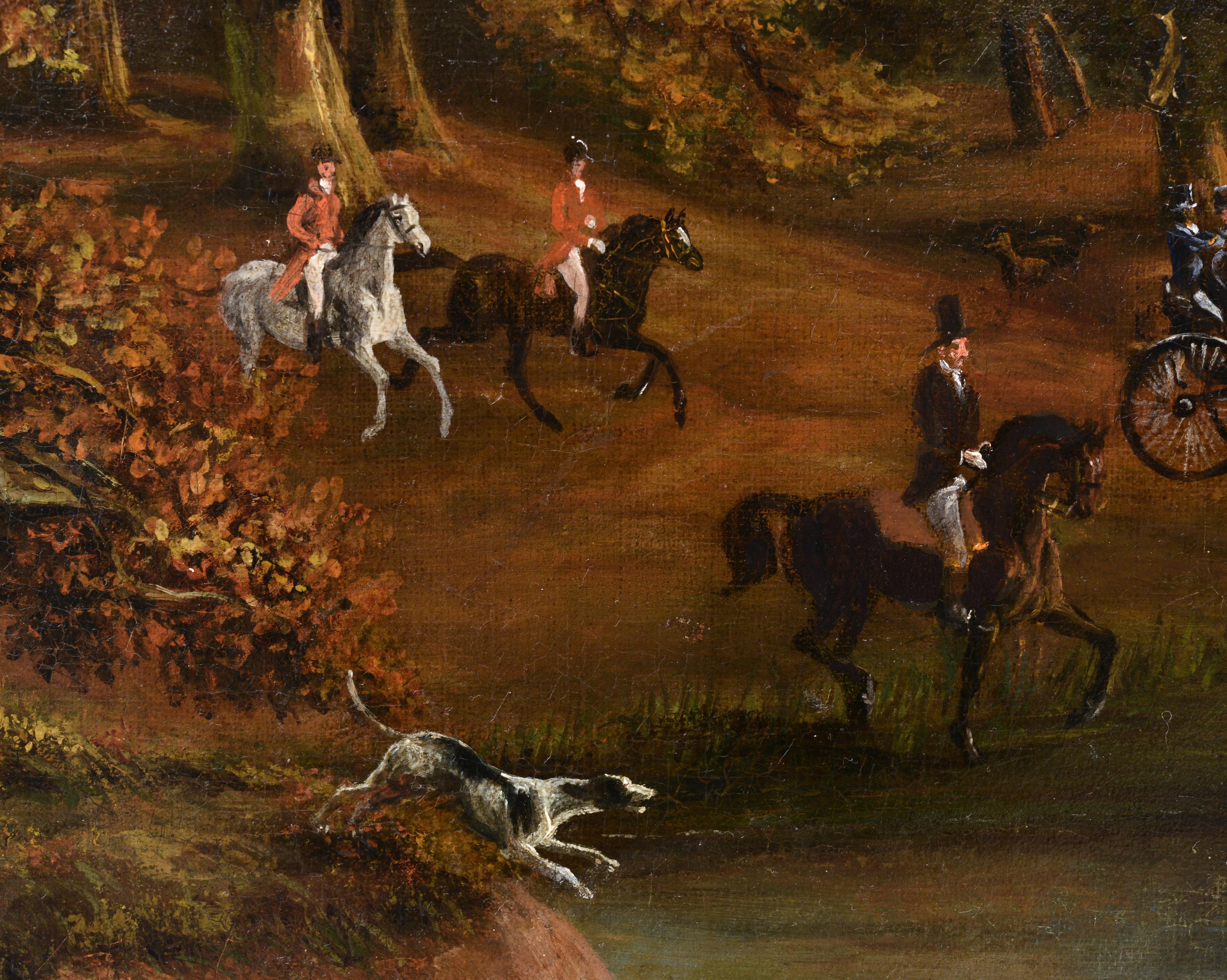 Crowded Hunting Scene in bewaldeter Landschaft, Ölgemälde, signiert, 19. Jahrhundert (Realismus), Painting, von Unknown