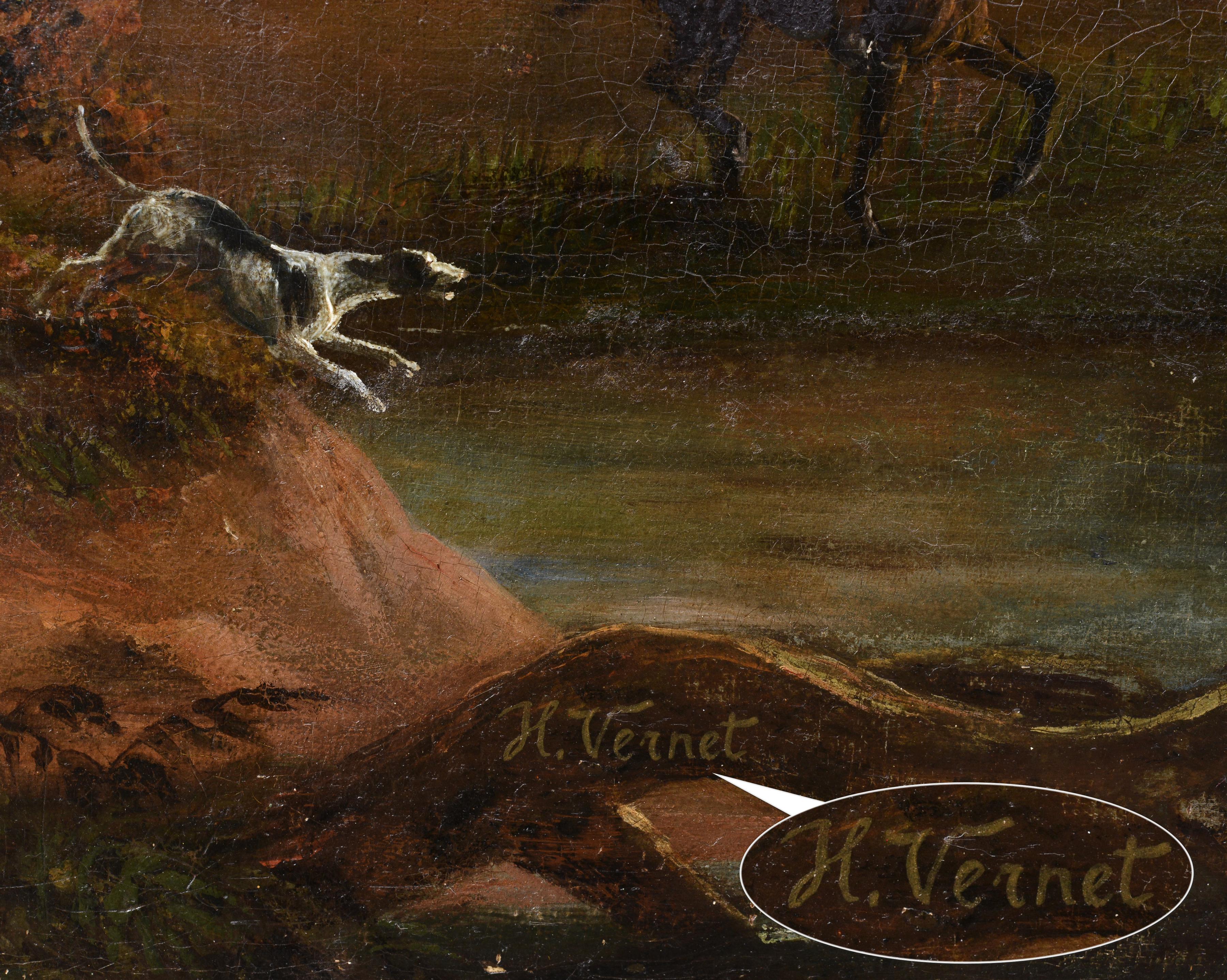 Crowded Hunting Scene in bewaldeter Landschaft, Ölgemälde, signiert, 19. Jahrhundert im Angebot 2