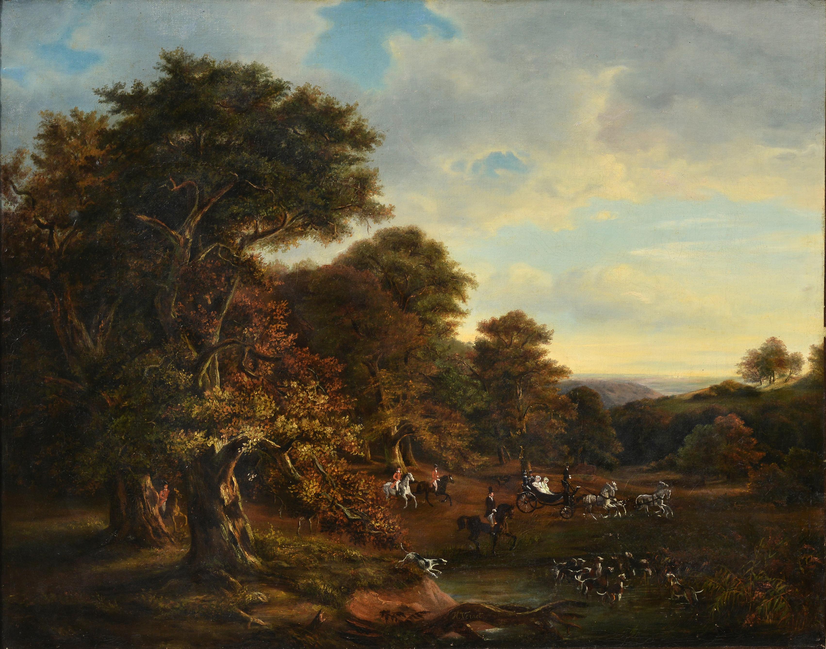 Scène de chasse dans un paysage boisé Peinture à l'huile du 19e siècle signée
