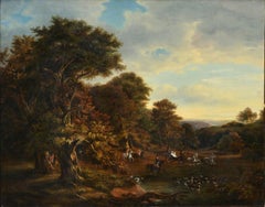 Scène de chasse dans un paysage boisé Peinture à l'huile du 19e siècle signée