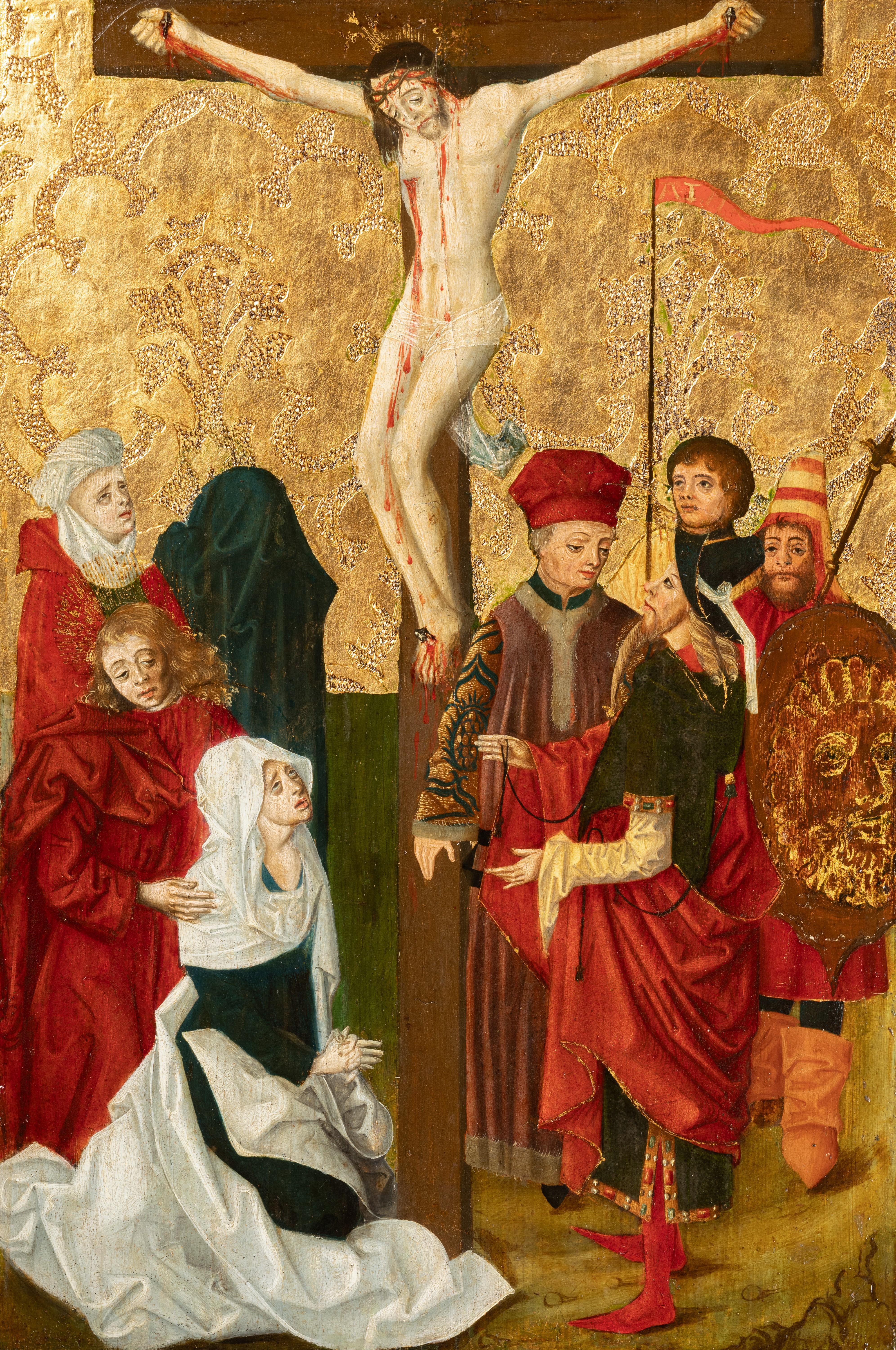 Crocifissione, scuola della Germania meridionale del XV secolo, olio su sfondo dorato - Painting di Unknown