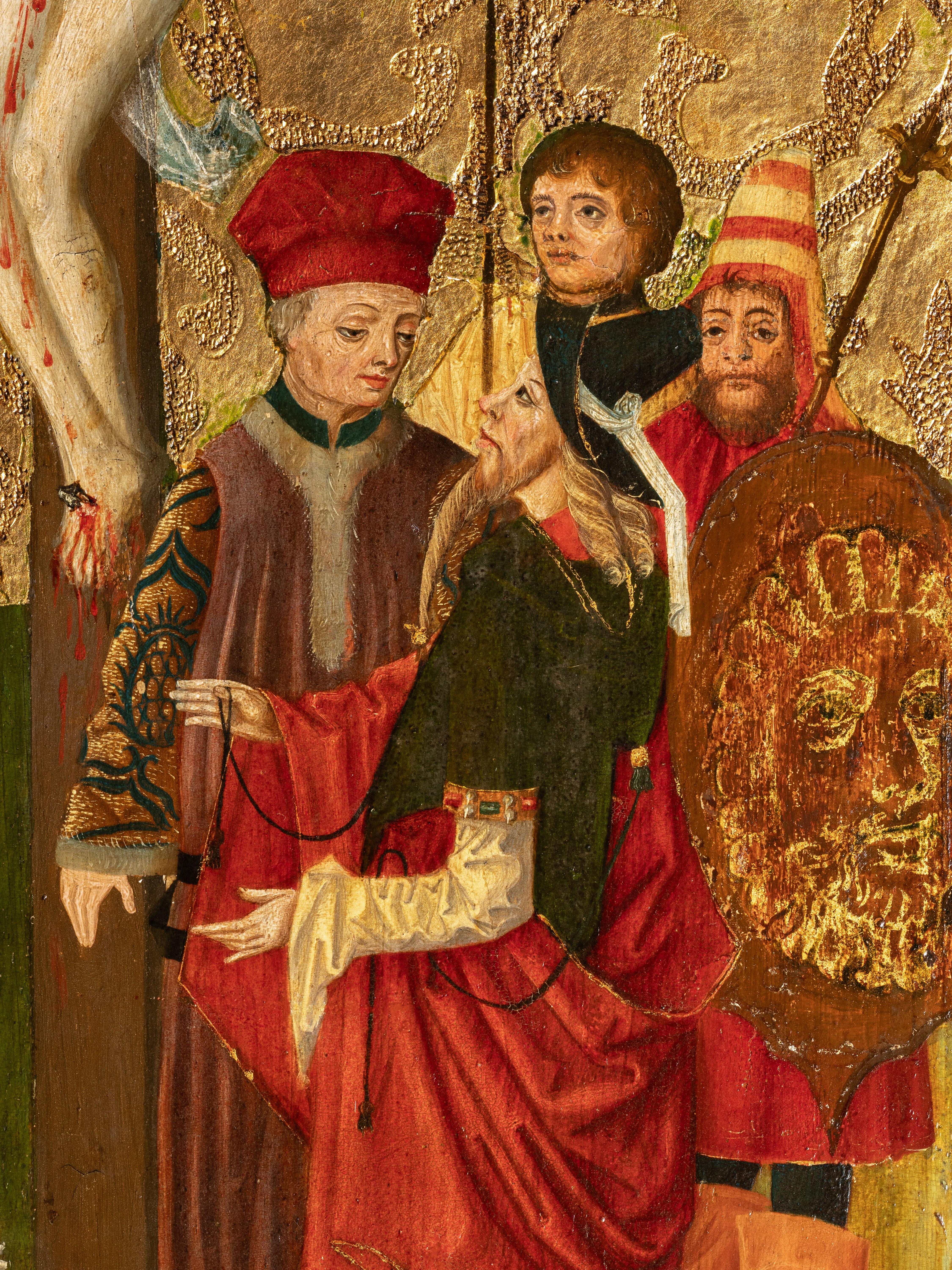 Crocifissione, scuola della Germania meridionale del XV secolo, olio su sfondo dorato - Painting Gotico di Unknown