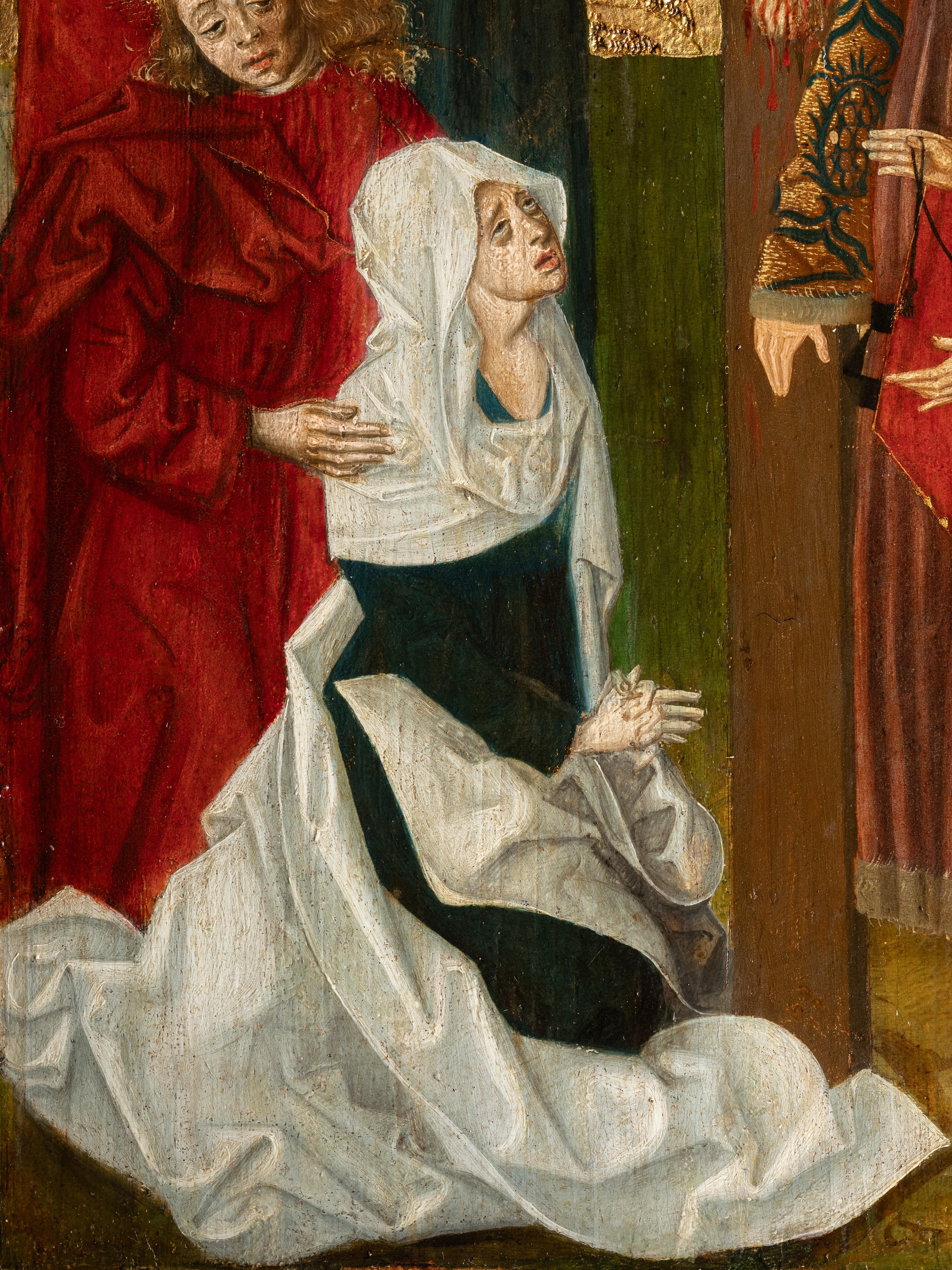 Crocifissione, scuola della Germania meridionale del XV secolo, olio su sfondo dorato - Figurative Painting Oro di Unknown
