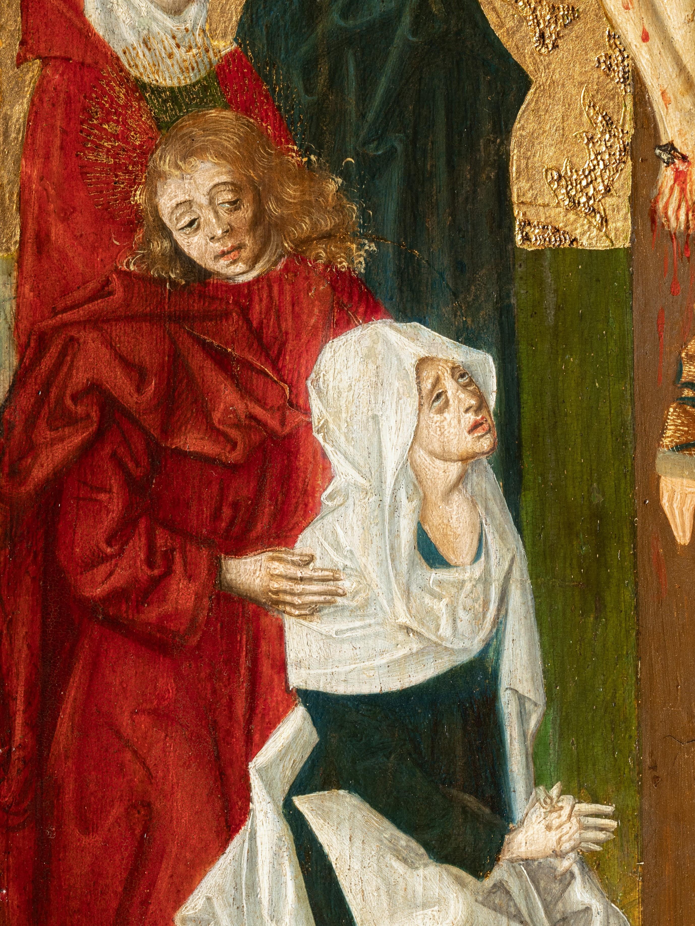 Crocifissione, scuola della Germania meridionale del XV secolo, olio su sfondo dorato 1