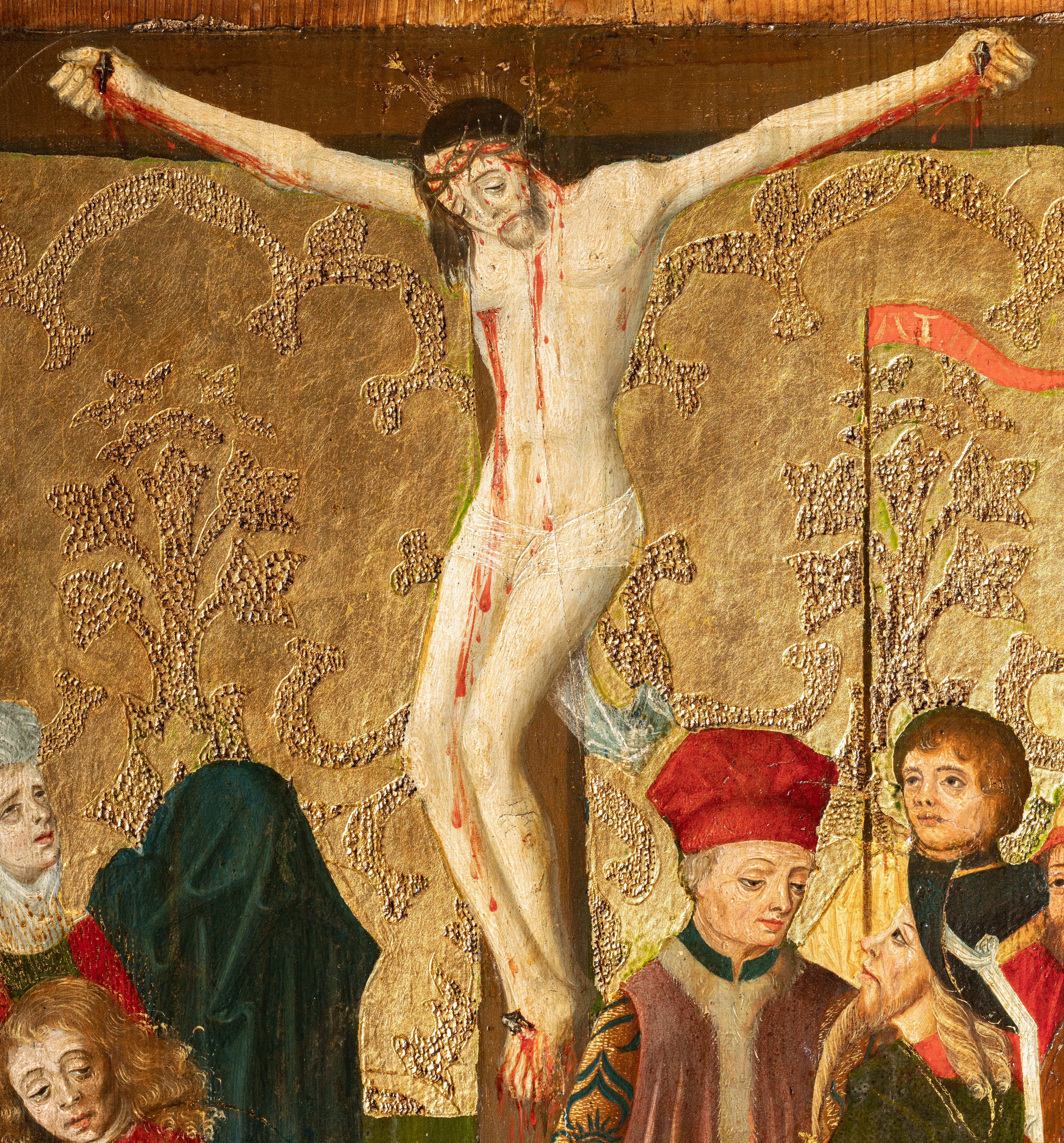 Crocifissione, scuola della Germania meridionale del XV secolo, olio su sfondo dorato 2