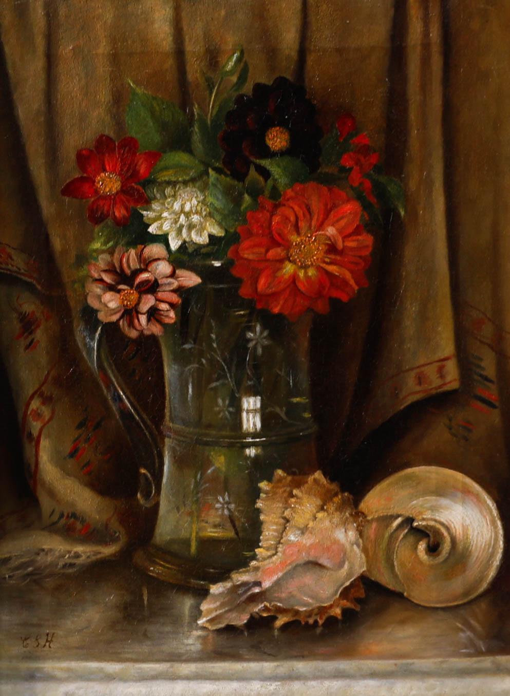 C.S.H. - Öl, Muscheln und Dahlien, spätes 19. Jahrhundert – Painting von Unknown