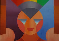 Peinture à l'huile abstraite cubique et colorée, encadrée, 1970