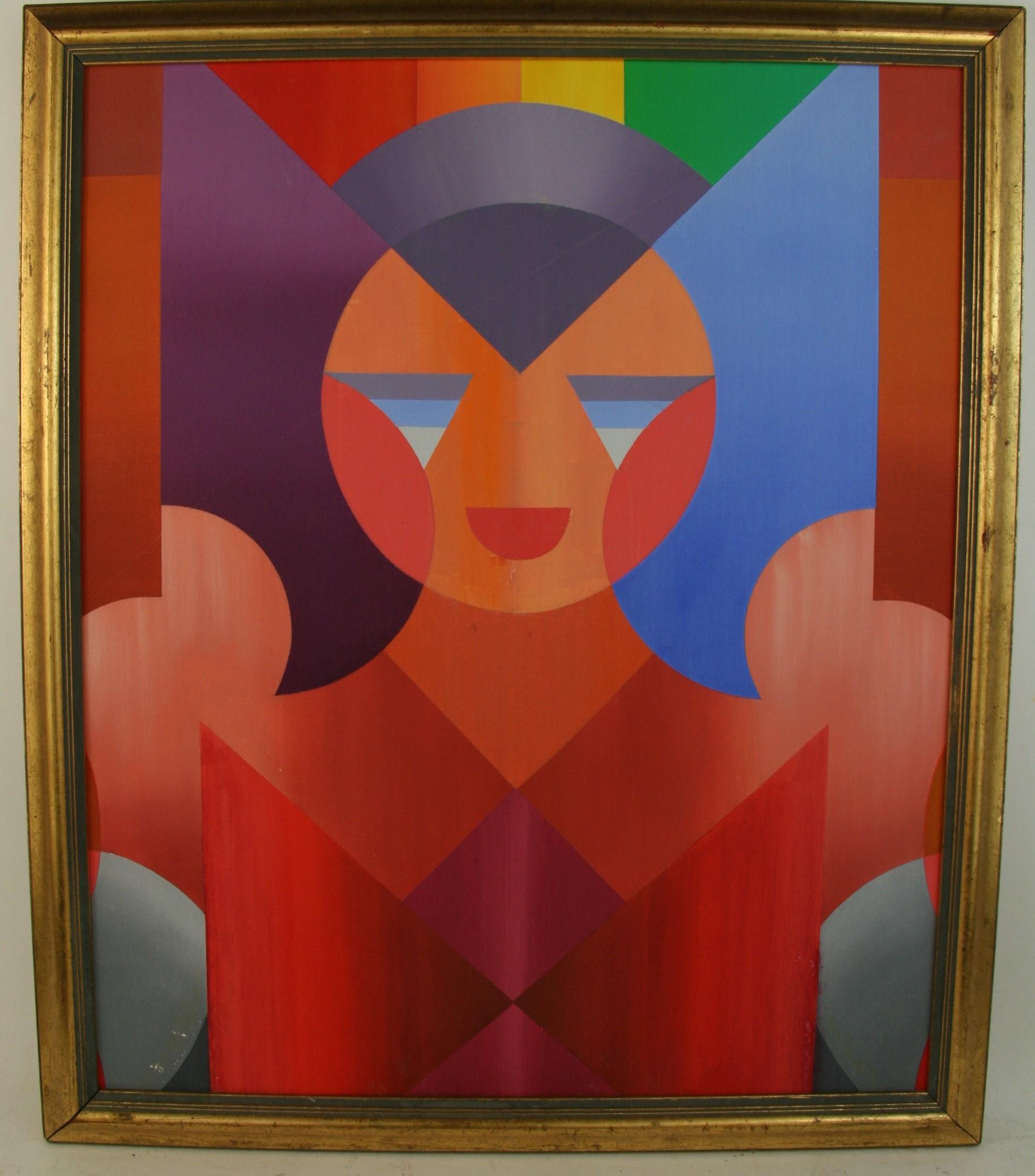 Unknown Figurative Painting - Cubic Abstract Colorful Figurative Oil Painting, Framed, 1970s