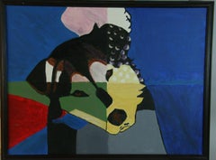 Tableau représentant un chien en forme de cube, huile sur toile aux couleurs vives, signé, années 1970, encadré