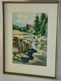 Cubic Falling Water Landscape Painting, Gouache & Watercolor, 1960s