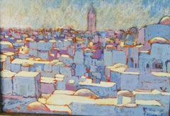 Cubic Vintage American Blue and White Oil Painting City Landscape Framed 1986