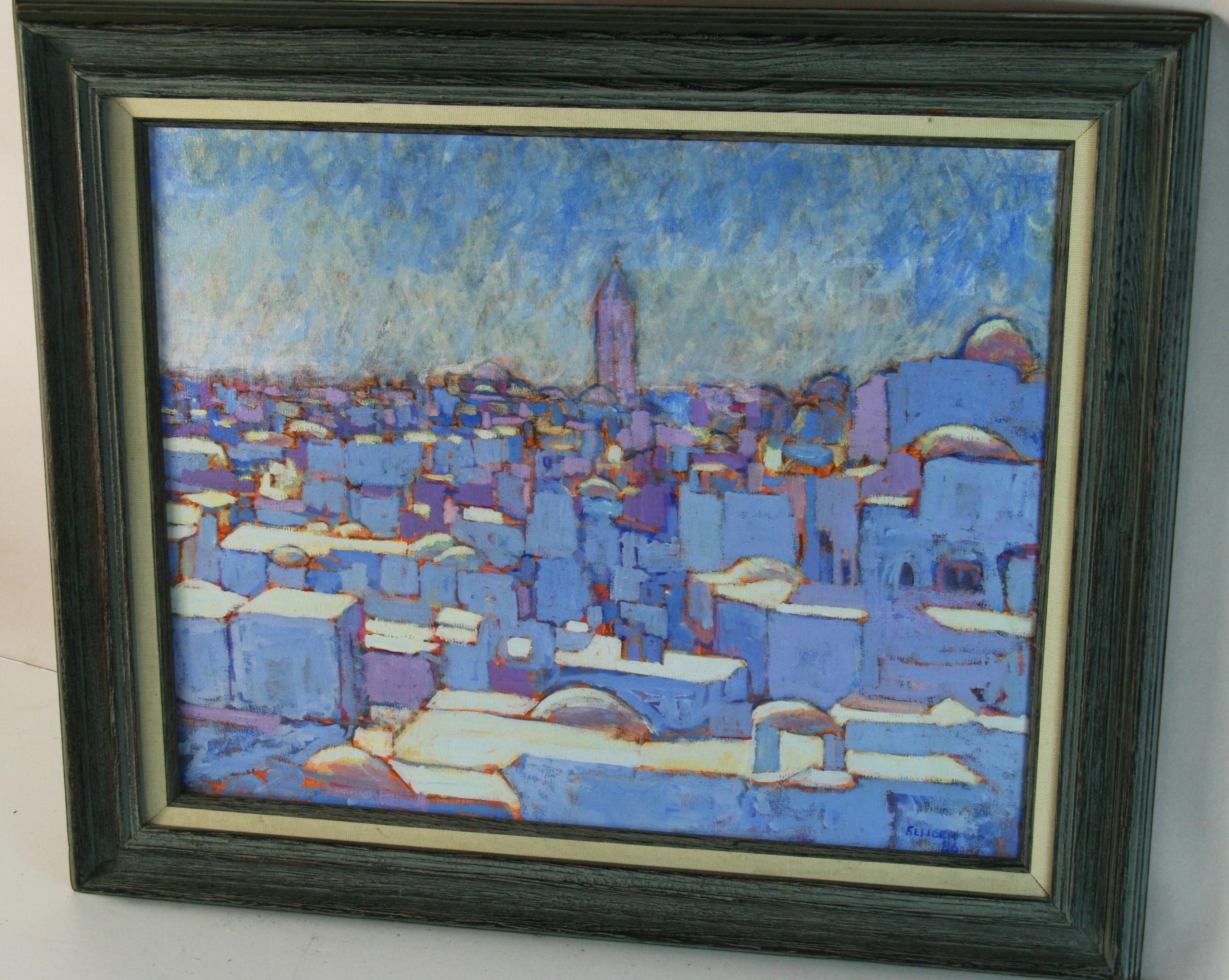 Cubic Vintage American Blue and White Oil Painting City Landscape Framed 1986