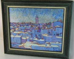 Cubic Vintage American Blue and White Oil Painting City Landscape Framed 1986