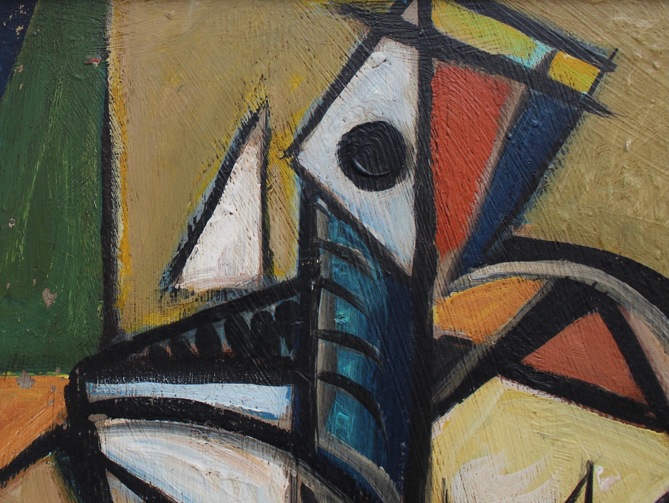 'Cubist Abstraction', oil on board, Berlin School (circa 1960s). An extraordinary Modern work by an artist with the initials GH. Clearly inspired by Picasso and Braque, the artists use angles, lines and vibrant colours to create an entirely new