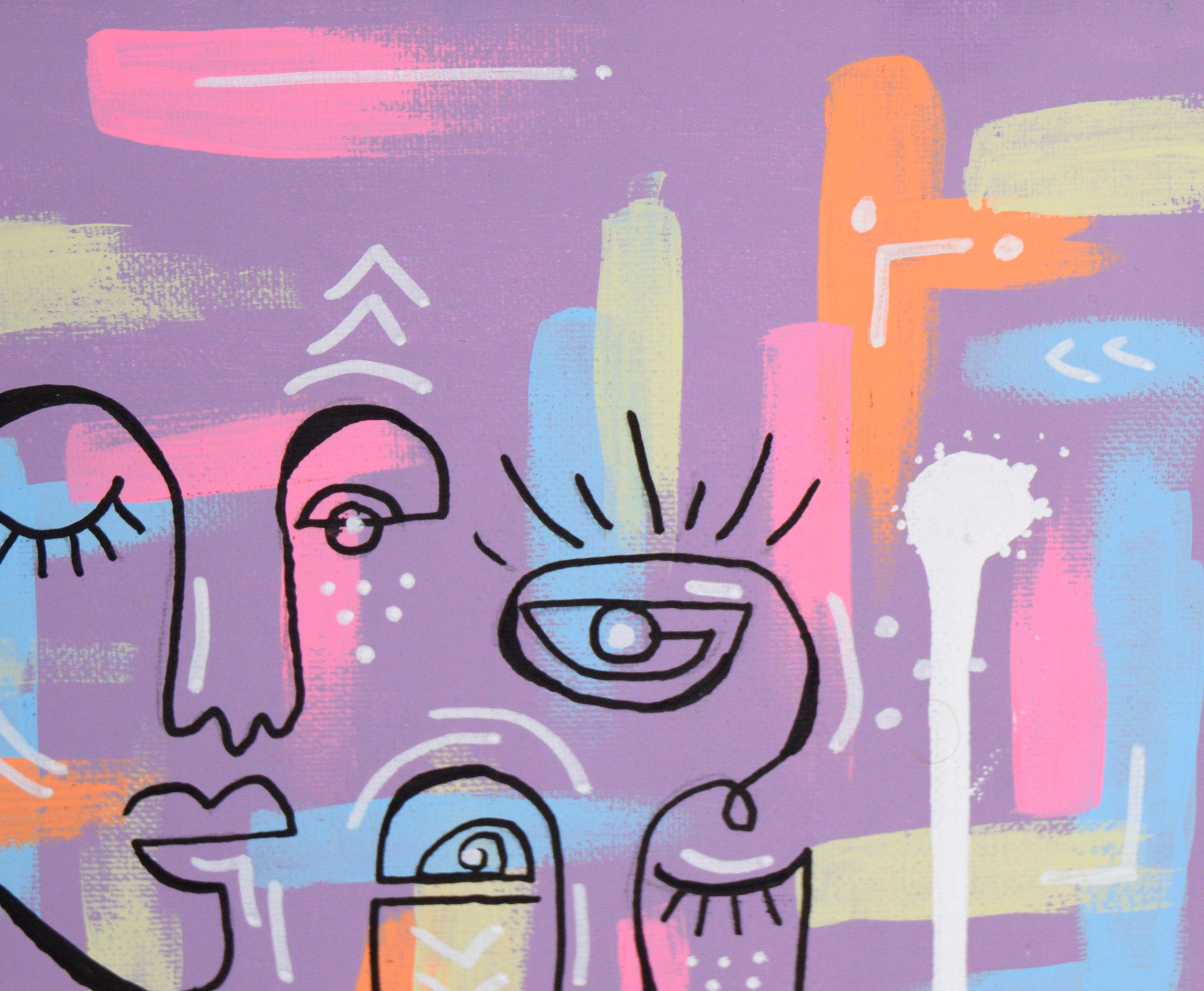 Cubist Faces in the Style of Picasso's One Line Portraits - Acrylic on Canvas - Gray Abstract Painting by Unknown