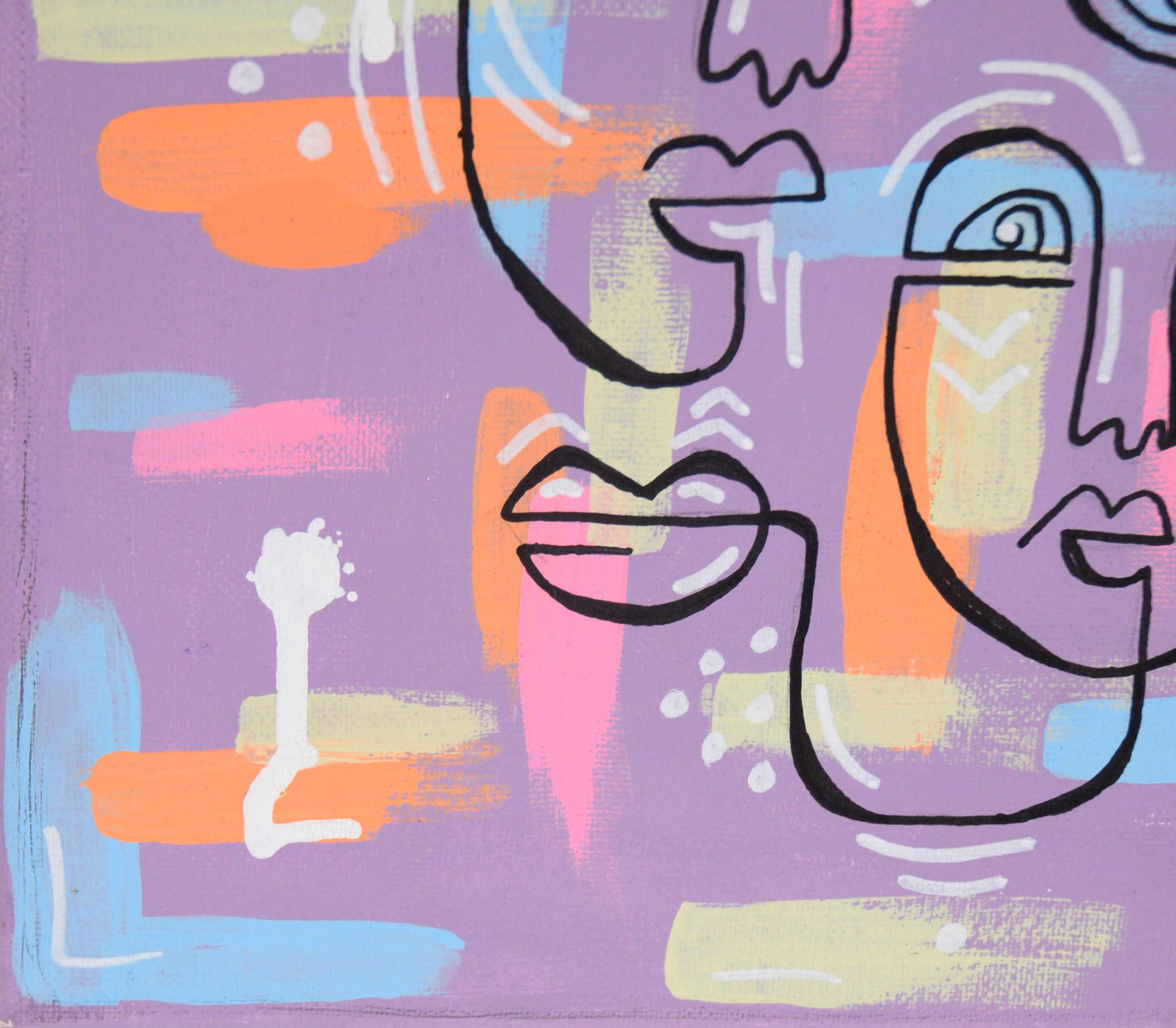 Kubistische Gesichter im Stil von Picassos Ein-Linien-Porträts – Acryl auf Leinwand im Angebot 1