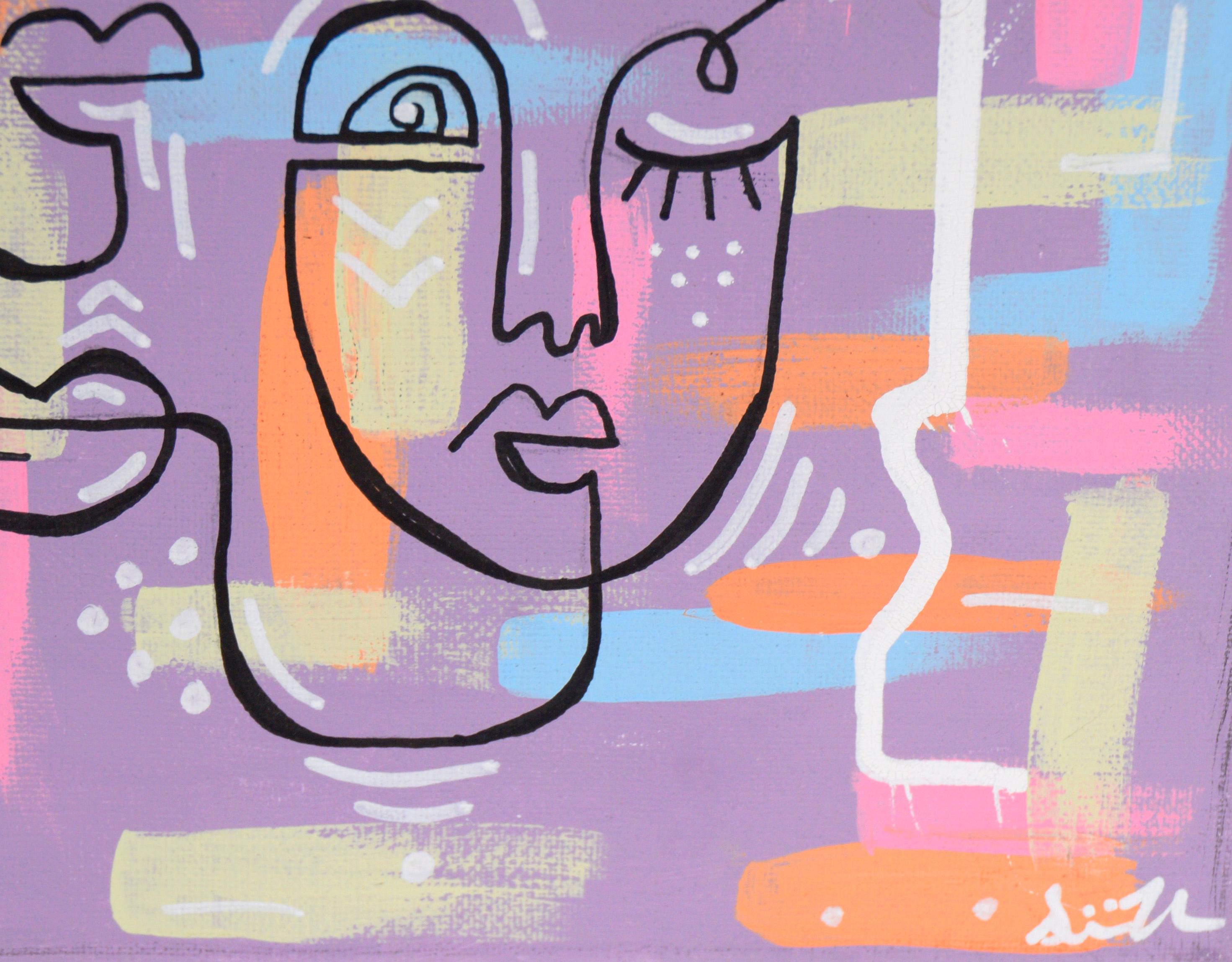 Kubistische Gesichter im Stil von Picassos Ein-Linien-Porträts – Acryl auf Leinwand im Angebot 2