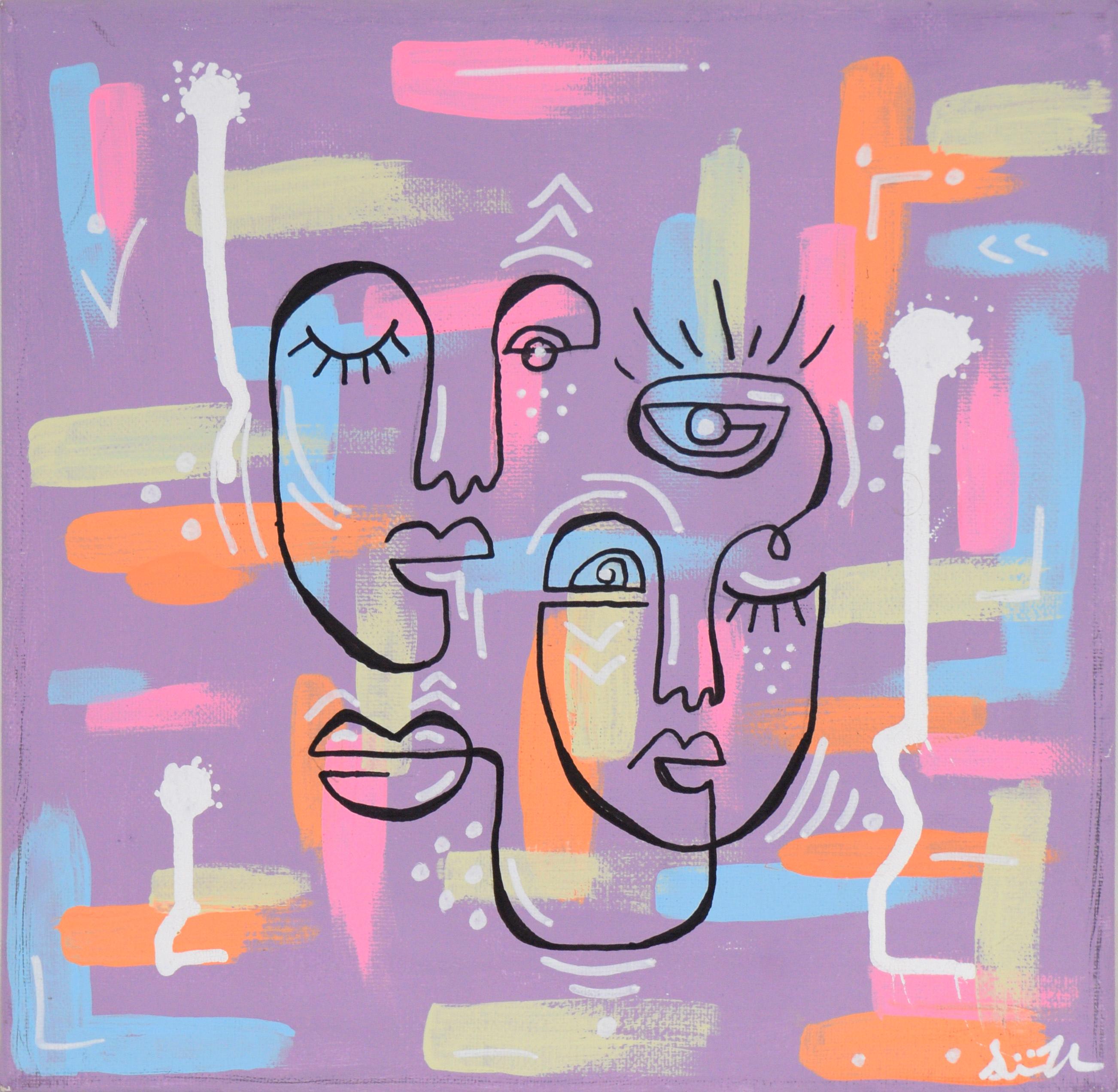Unknown Abstract Painting – Kubistische Gesichter im Stil von Picassos Ein-Linien-Porträts – Acryl auf Leinwand