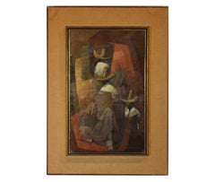 Cubist Figurative Painting of Cloaked Women and Men in Sombrero