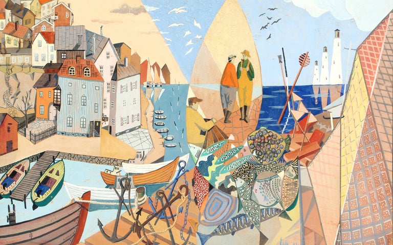 Cubist Fishing Village Gouache 1953 Painting Framed Bright Colorful  - Beige Figurative Painting by Unknown