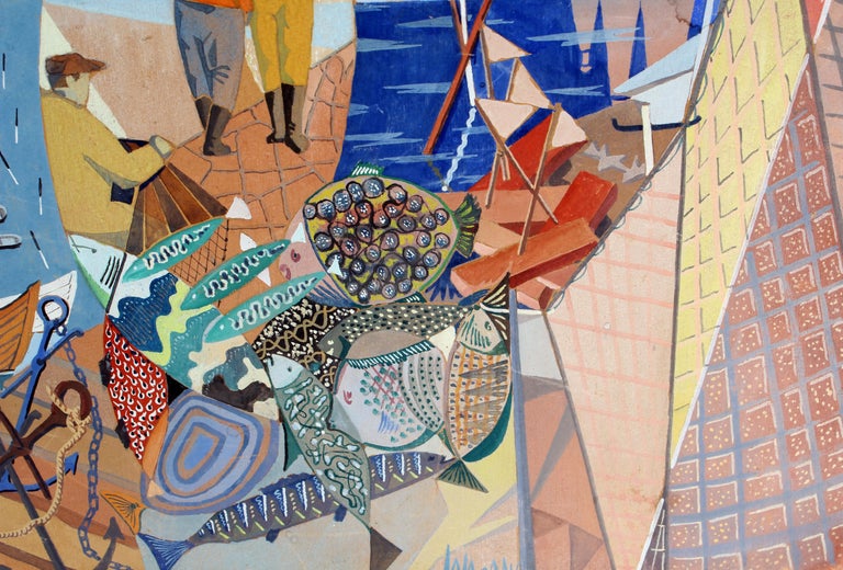 A stunning highly detailed and colorful cubist painting depicting a whimsical fishing village.  Signed illegibly lower left we have not determined the exact creator, but this work is obviously created by a very talented hand.

This work comes housed