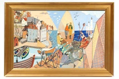 Cubist Fishing Village Gouache 1953 Painting Framed Bright Colorful 