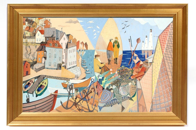Unknown Figurative Painting - Cubist Fishing Village Gouache 1953 Painting Framed Bright Colorful 