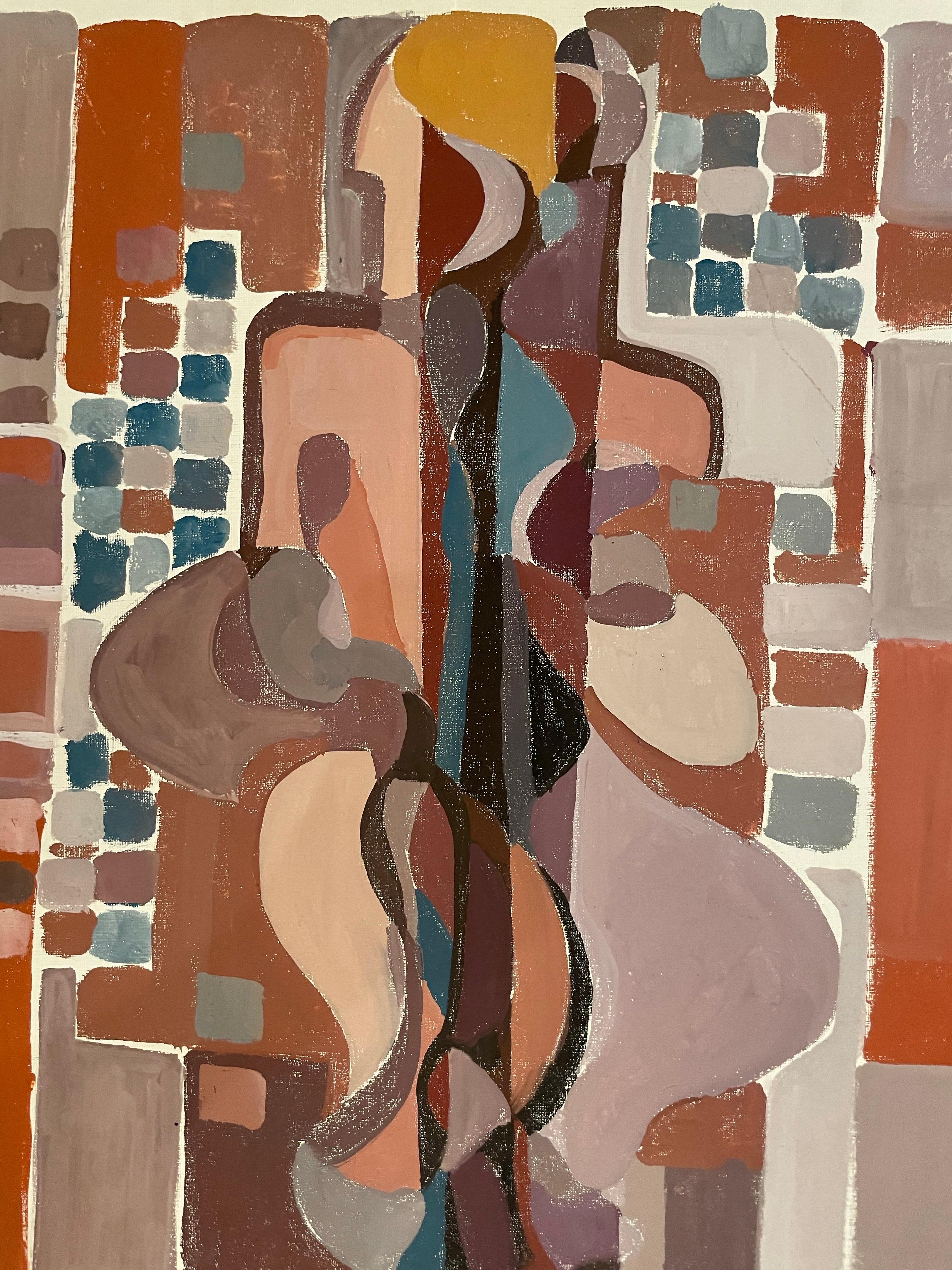 Cubist-Inspired Abstract Composition with Hidden Female Profile – circa 1970 - Abstract Geometric Painting by Unknown