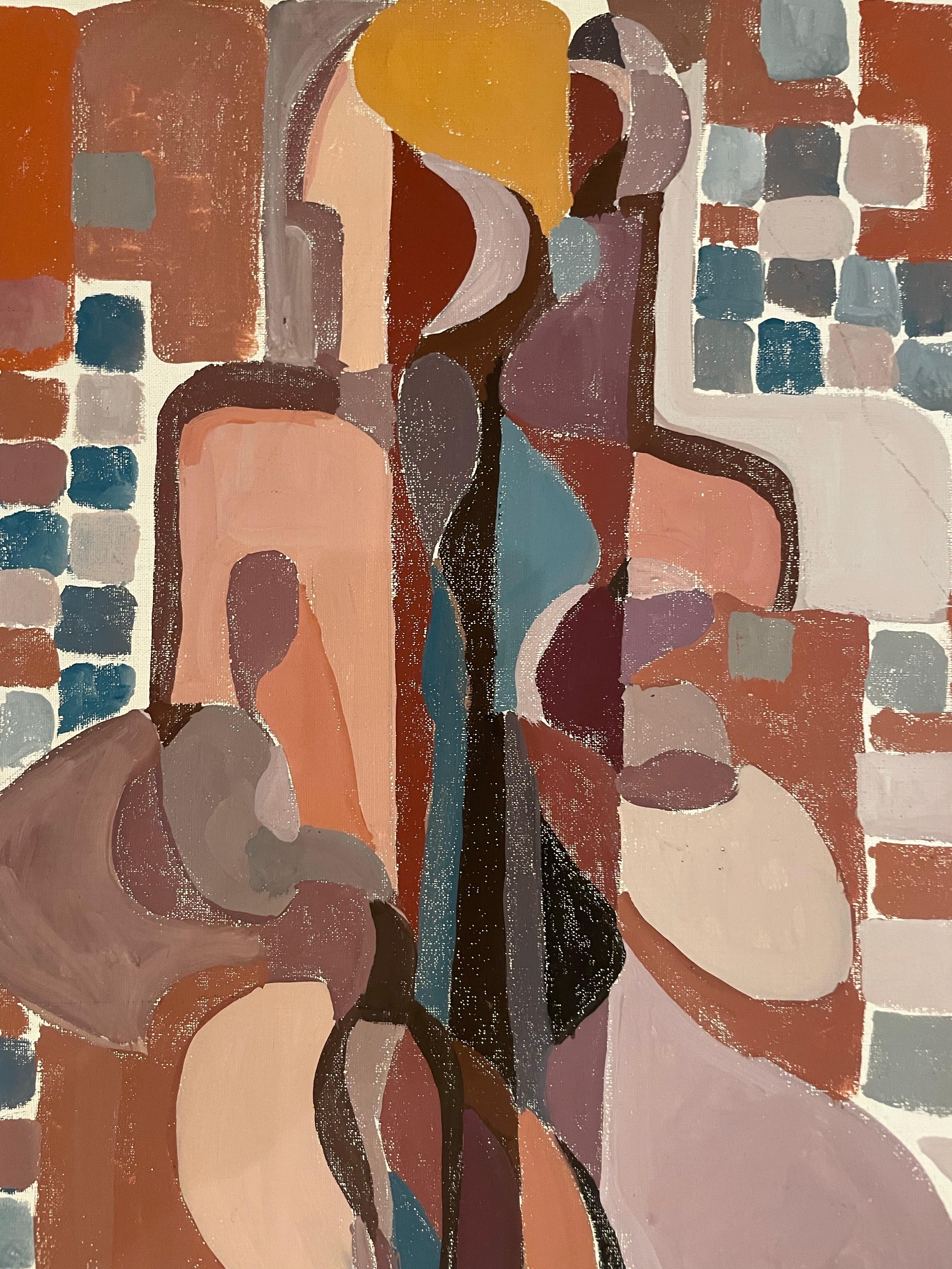 Cubist-Inspired Abstract Composition with Hidden Female Profile – circa 1970 - Brown Abstract Painting by Unknown