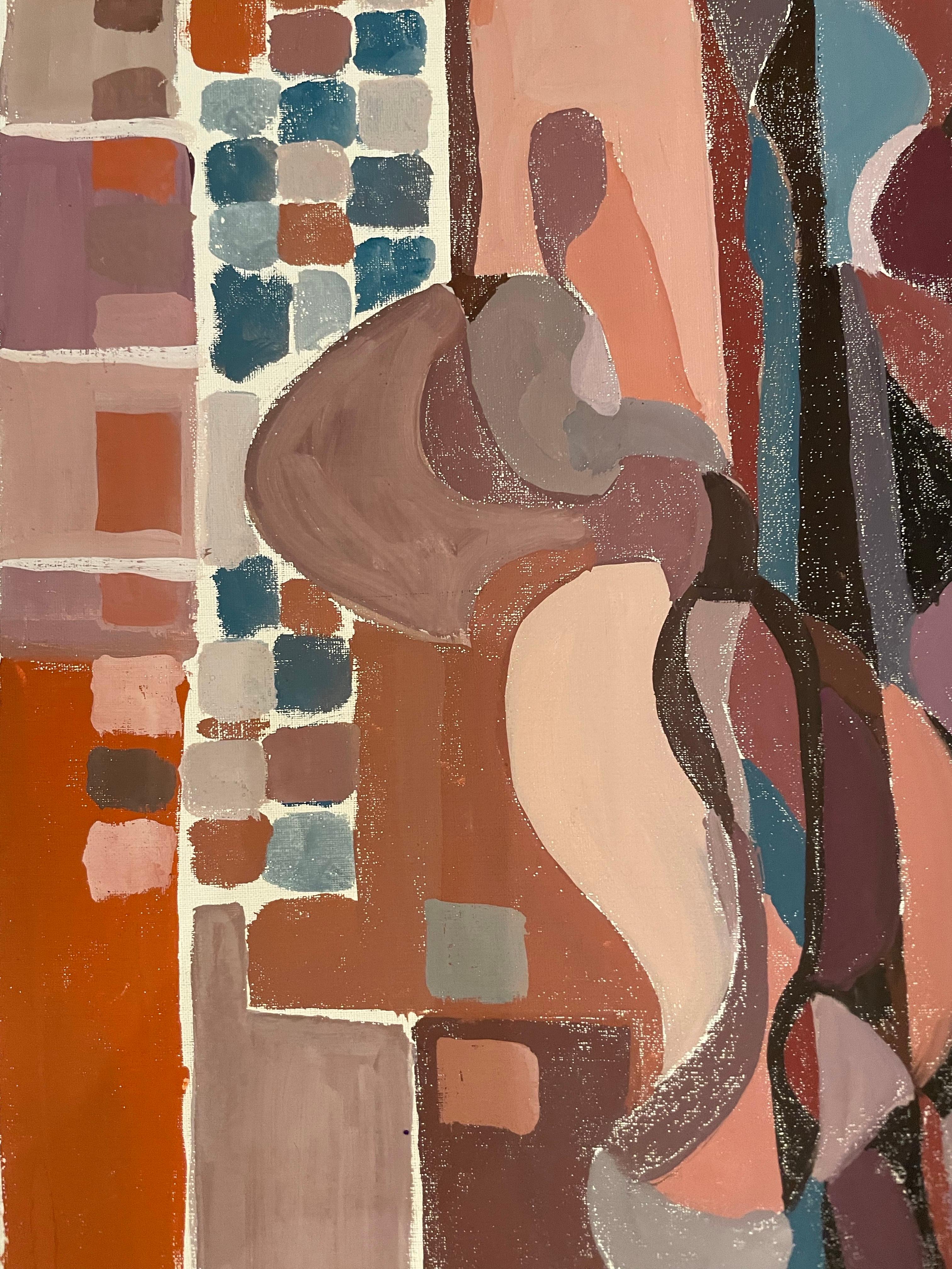 Abstract Geometric Composition with Female Silhouette – circa 1970
Medium: Gouache on canvas mounted on cardboard
Dimensions: H 65 cm x W 54 cm
:
The composition is built from simplified geometric forms and sharply defined color fields, in a
