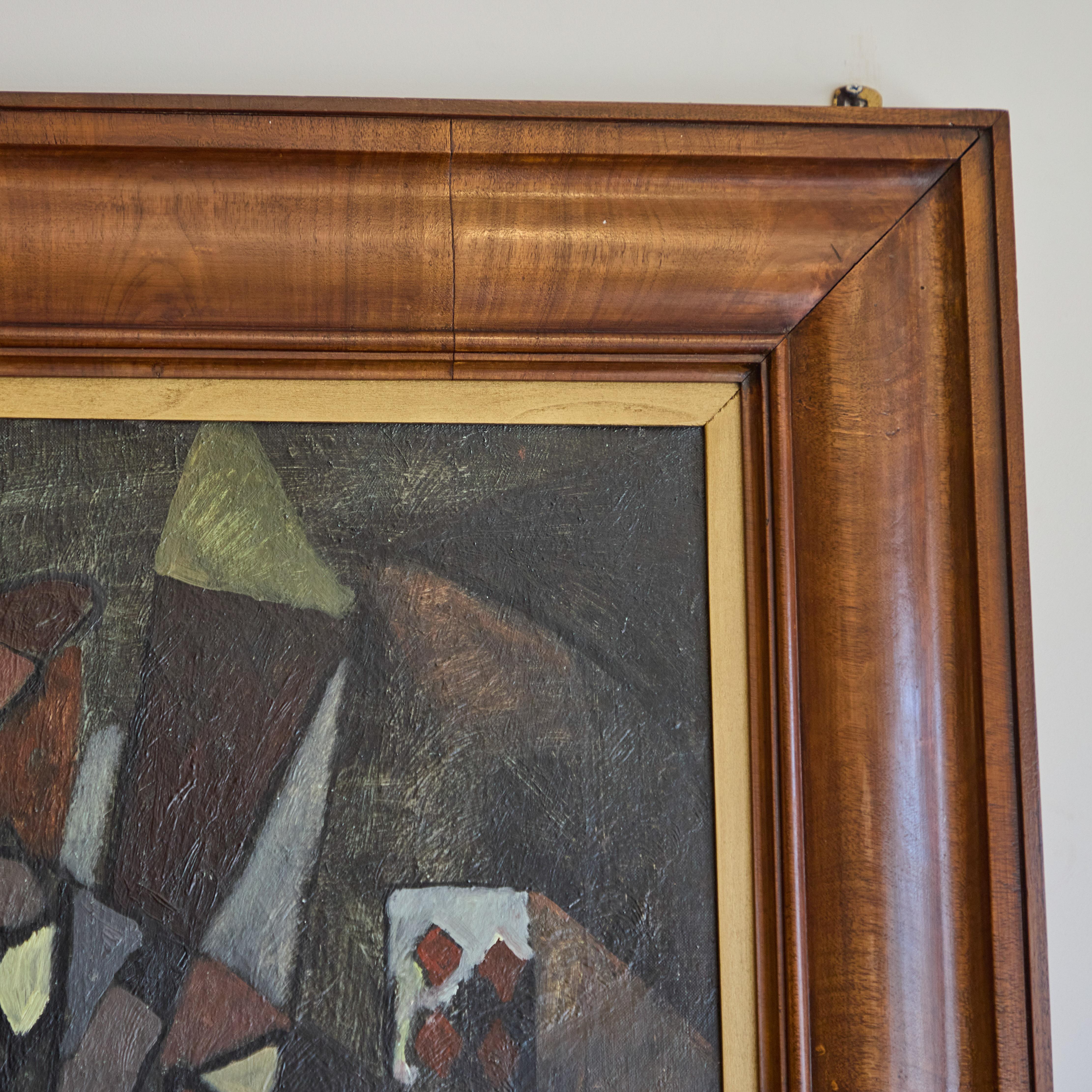 Un dipinto cubista a olio su tela in una splendida cornice in noce sbavato con inserti in legno dorato.   Firma in basso a sinistra.