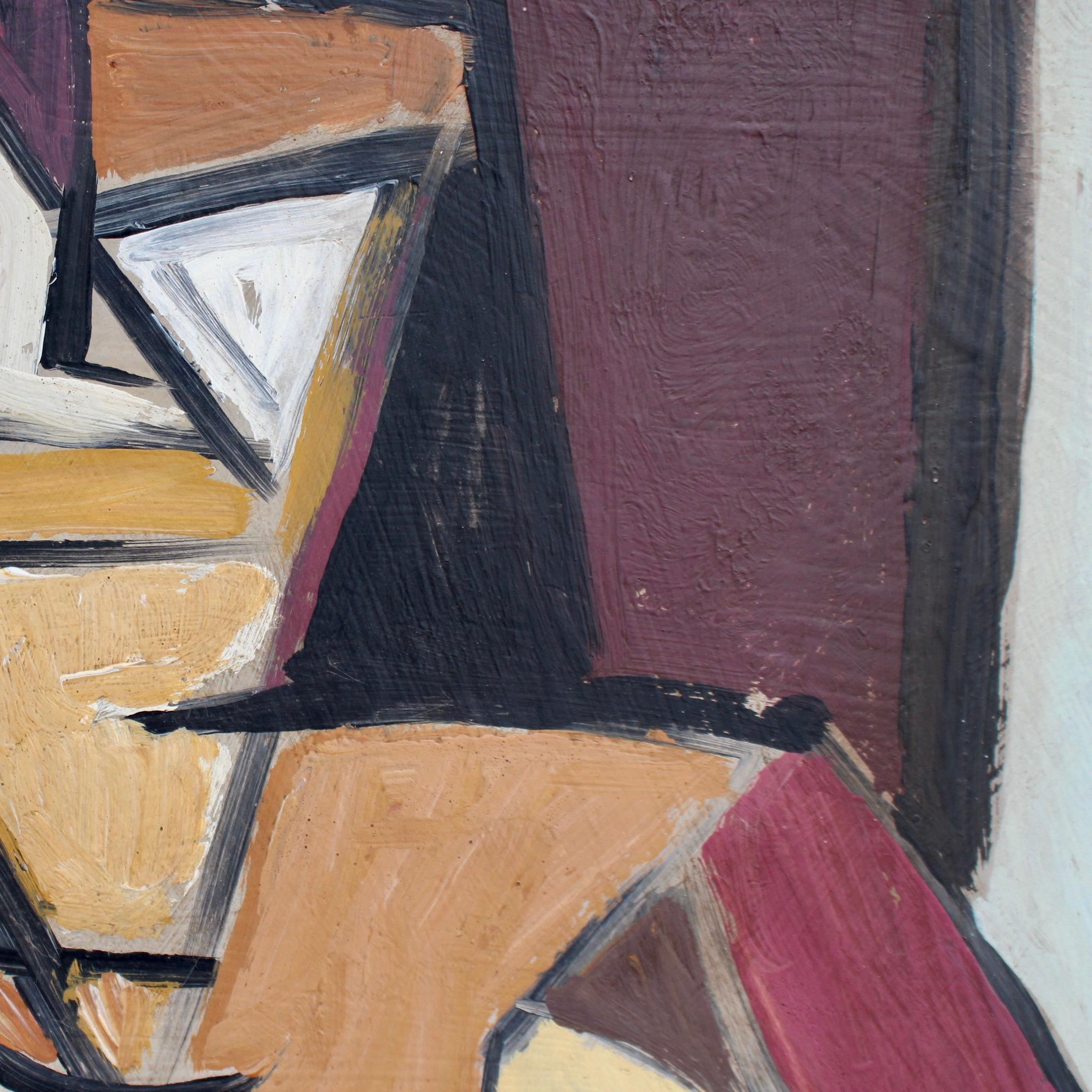 'Cubist Portrait', oil on board, Berlin School (circa 1960s). An impressive cubist depiction, this is a colourful portrait of a figure in geometric perspective. The varied hues - brown, vanilla, clay, white, deep blue and scarlet all combine in