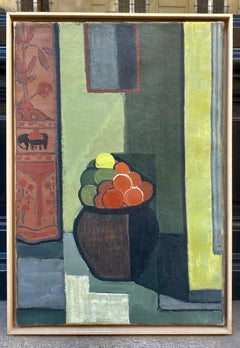 Escuela Cubista Circa 1940. Interior con jarrón de frutas. Óleo sobre lienzo. Enmarcado.