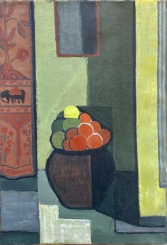 Escuela Cubista Circa 1940. Interior con jarrón de frutas. Óleo sobre lienzo. Enmarcado.