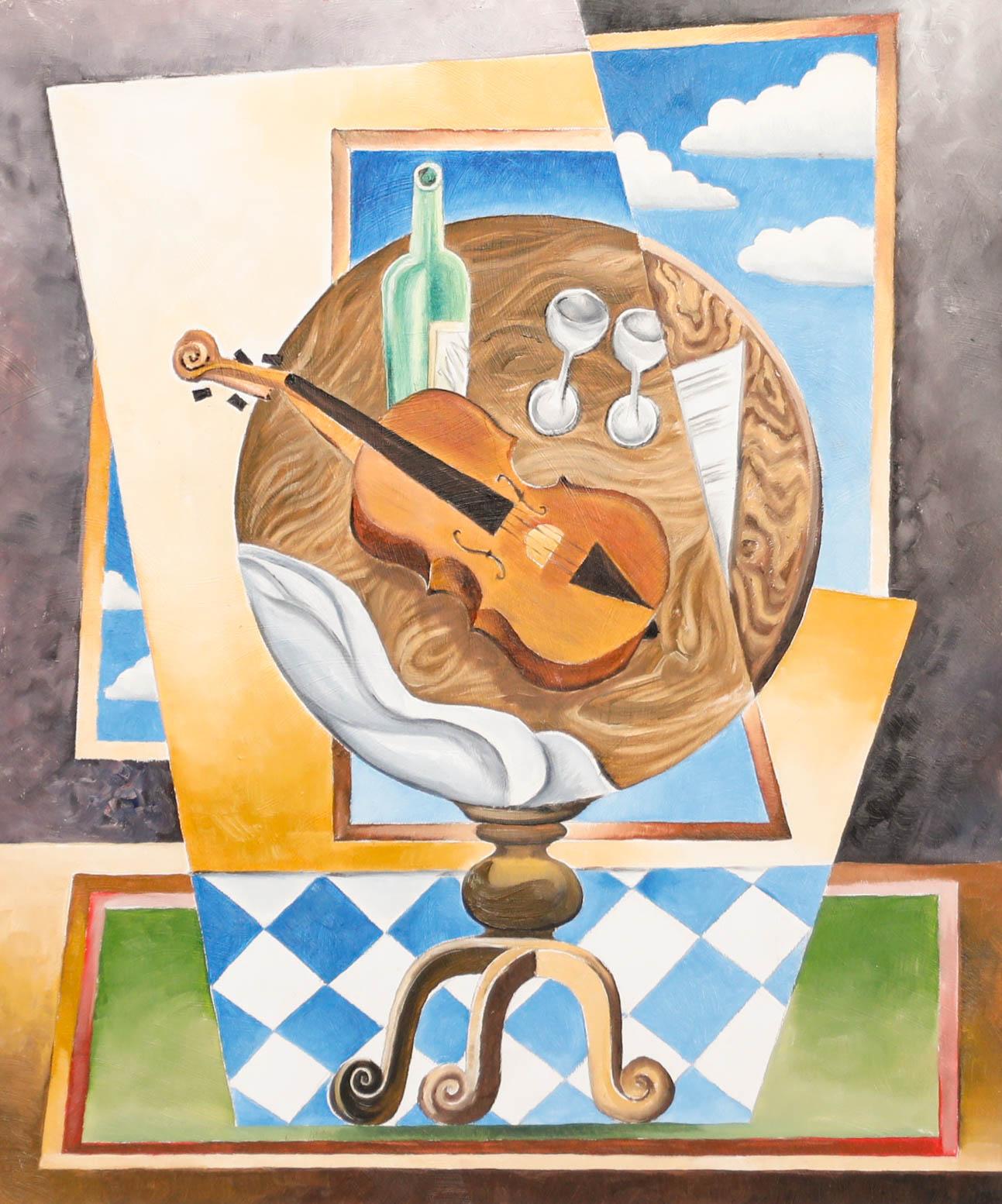 Kubistische Schule Zeitgenössisches Öl - Stillleben mit Geige – Painting von Unknown