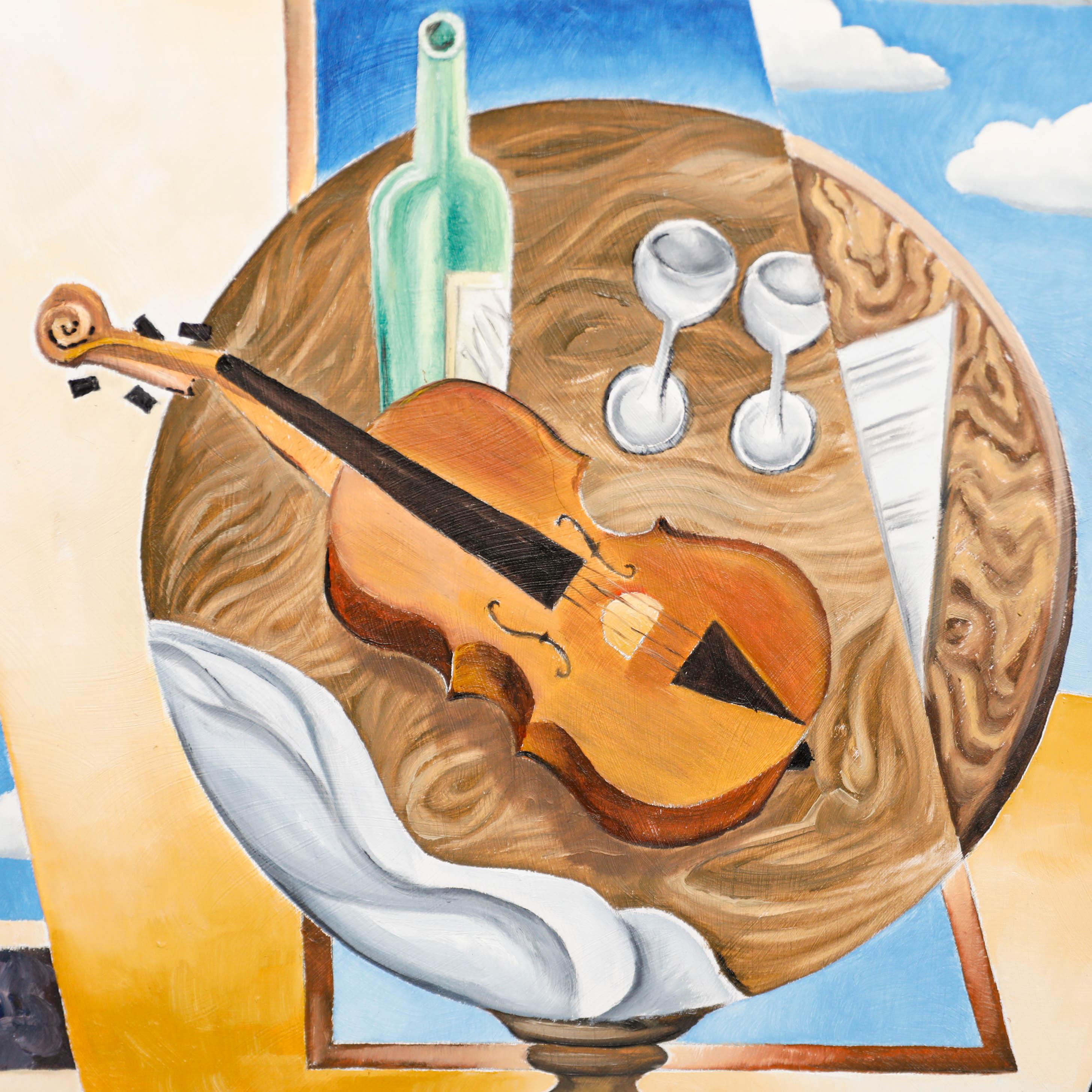 Kubistische Schule Zeitgenössisches Öl - Stillleben mit Geige (Beige), Still-Life Painting, von Unknown